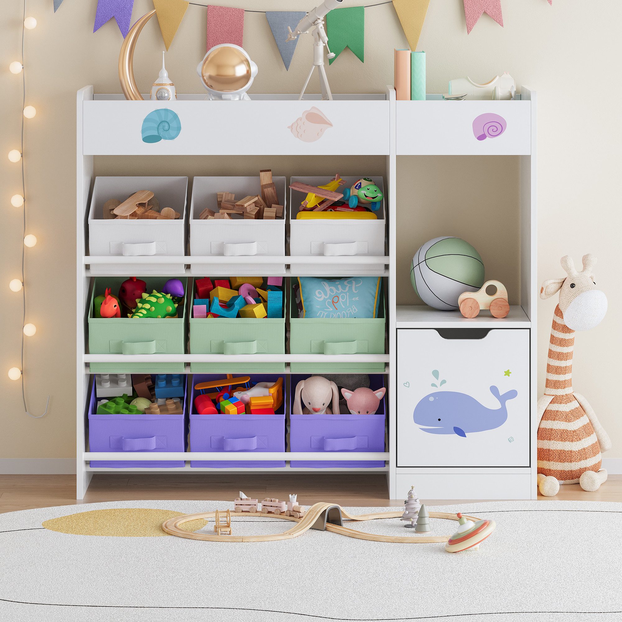 en.casa Kinderregal, »Søndreland« mit 9 Faltboxen und Oberer Ablage mit Aqua Dream Motiv