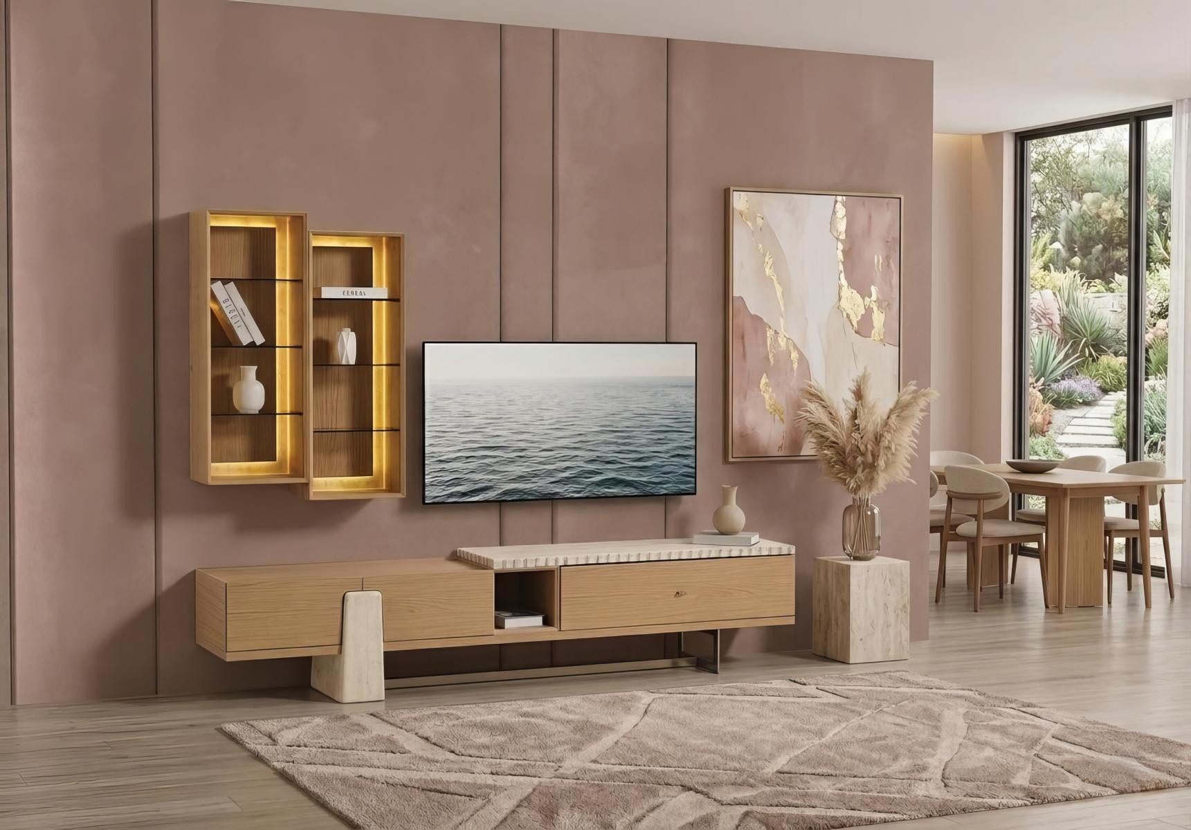 JVmoebel Lowboard TV Lowboard Set Wandvitrine Modern Beige Edel Luxus Wohnwand Design, Made in Europa