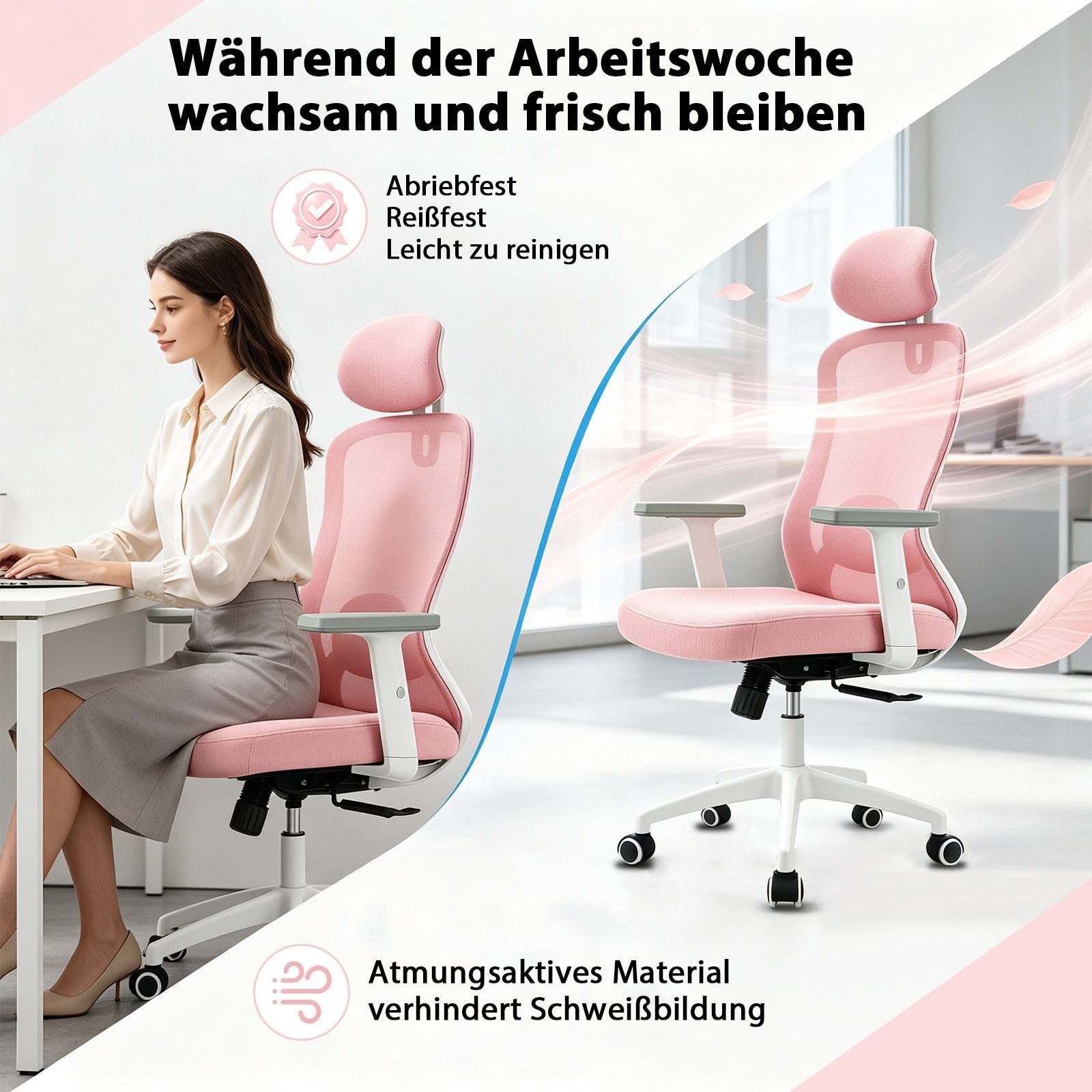 Milacyee Bürostuhl Chefsessel Wippfunktion 200kg belastbar ergonomisch,Bürostuhl (Verstellbare und feststellbare Lendenstütze + Kopfstütze + höhenverstellbare Armlehnen), maximale Neigung bis 130°.