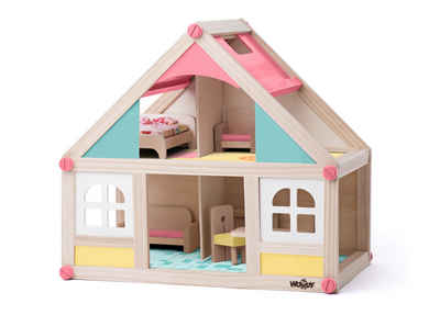 Woodyland Puppenhaus Holz-Puppenhaus mit 2 Etagen. inkl. Zubehör Möbel und Puppen, Holz-Puppenhaus mit Zubehör