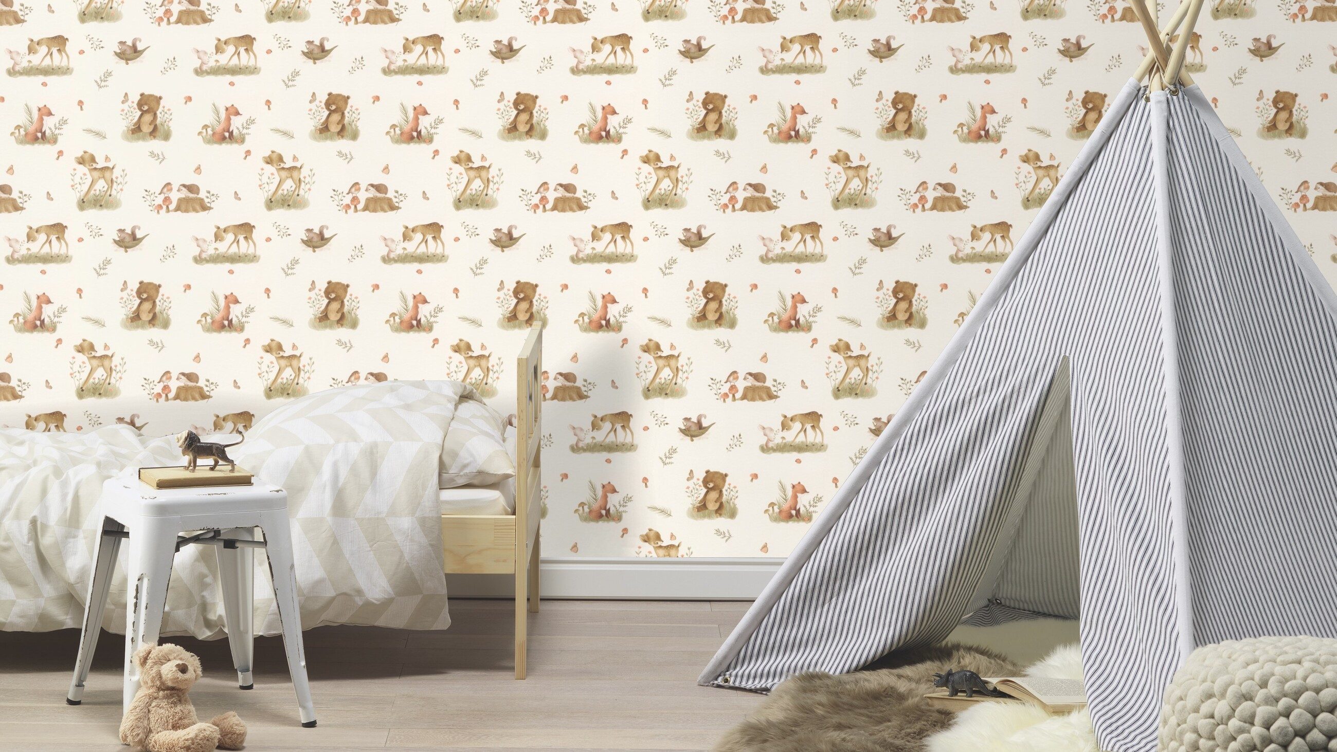 Rasch Vliestapete 321104 - Kinderzimmer-Tapete mit Waldtieren in Beige und Braun, strukturiert, gemustert, (1 Rolle, 1 St), Waldtiere – Bild 4 von 5