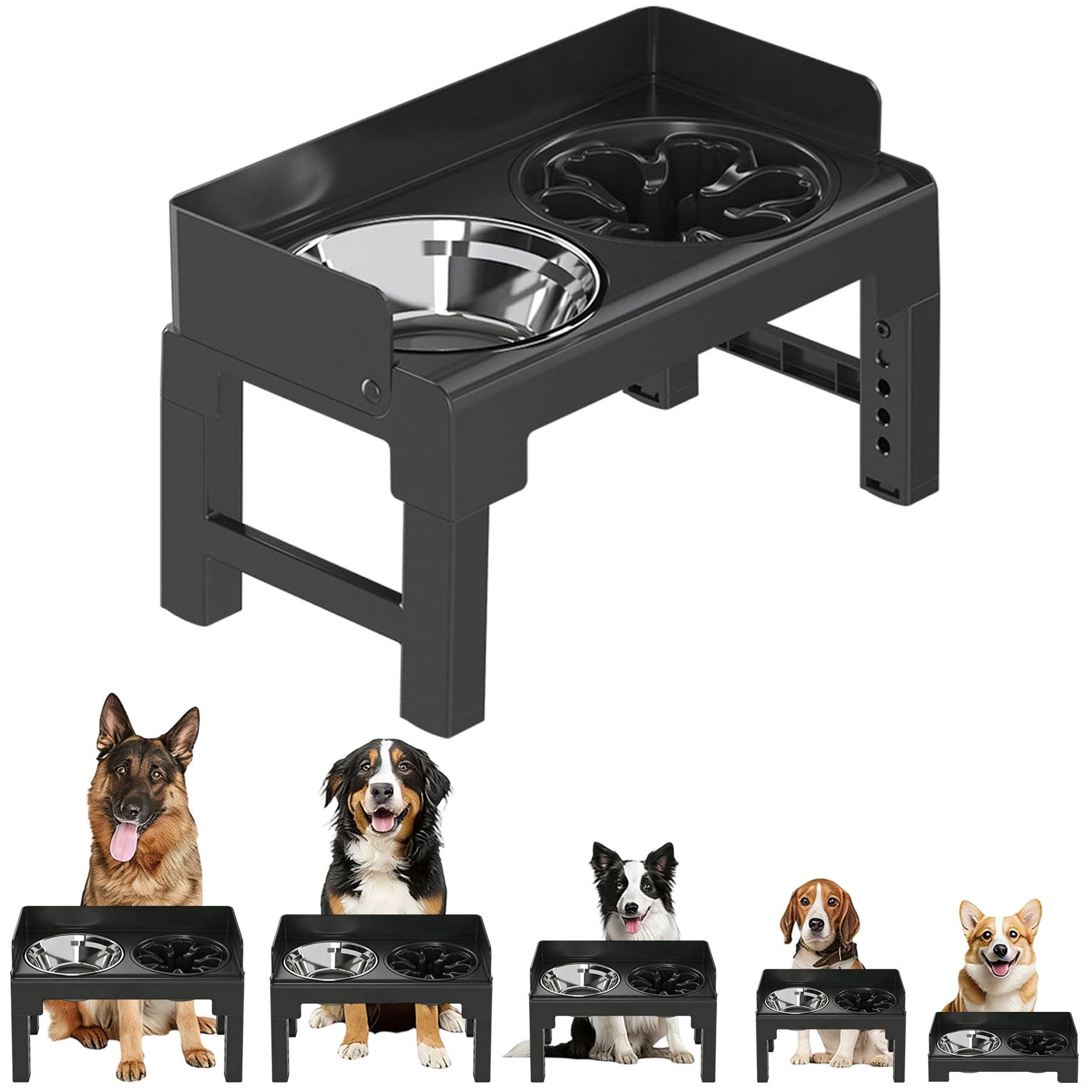 Mutig Futterstation Futternapf für Hunde, 5 Höhenverstellbar erhöhter Hundenapf, 2-in-1 Auslaufsicher Wassernapf & Langsamfutternapf, für Große, Mittelgroße und Kleine Hunde und Haustiere