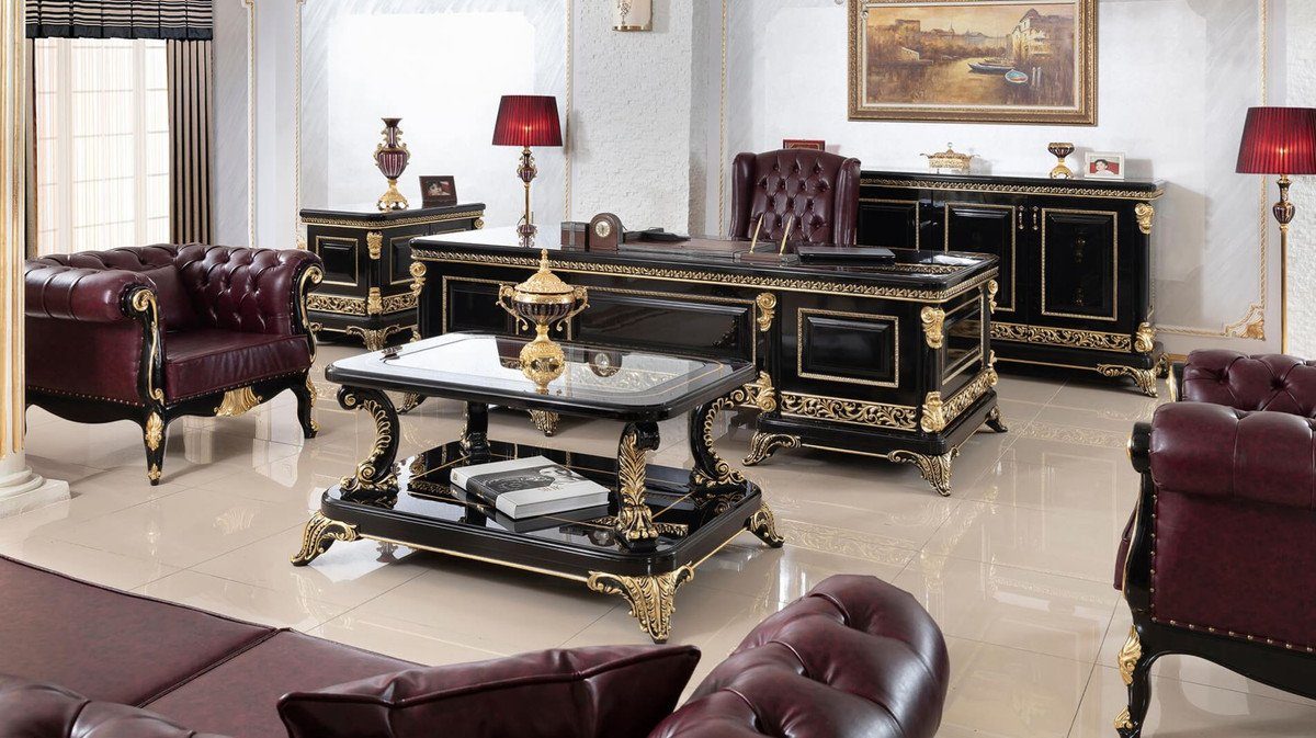 Prunkvolle - Schreibtisch Barock Kunstleder Luxus Gold Chesterfield Bordeauxrot / Padrino Schwarz Büromöbel 1 Bürostuhl Barock 1 Casa mit edlem Barock & - Set Büromöbel / Schreibtisch Barock