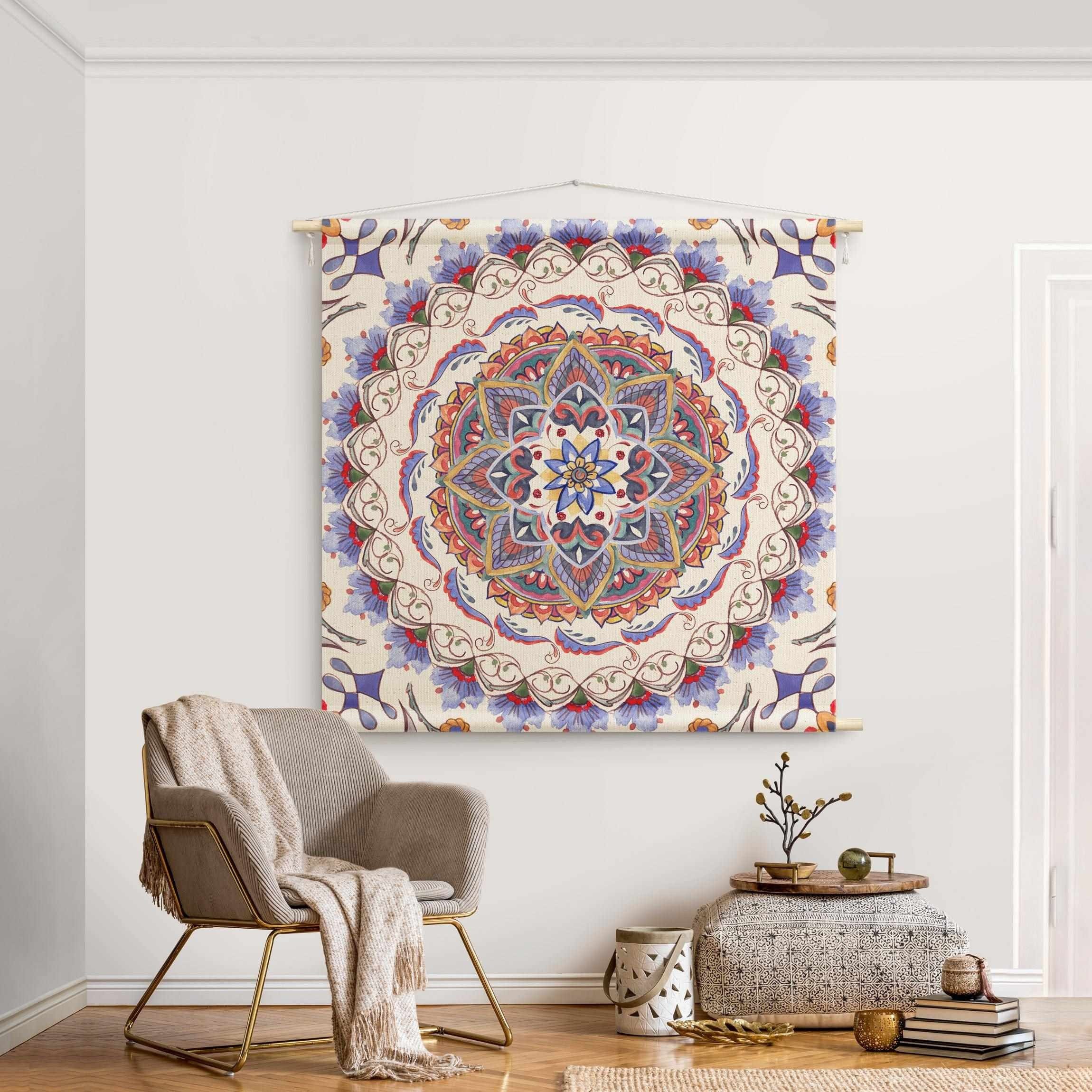 Bilderdepot24 Wandteppich modern Mandala Aquarell Muster Spirituell bunt, quadratisch, Höhe: 2.6 mm, großes Wandbild aus Natur-Baumwolle Wandbehang Stoffbild Tuch Wollseil