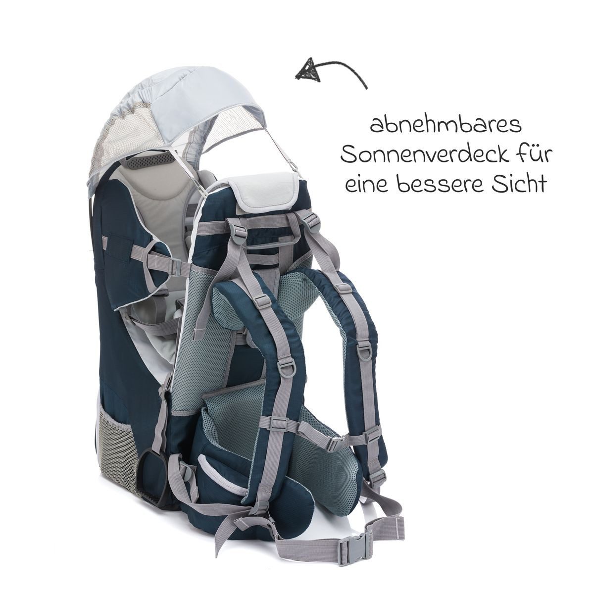 Fillikid Babytrage Blau, Rückentrage für Baby & Kleinkind mit Sonnenschutz, Kraxe zum Wandern