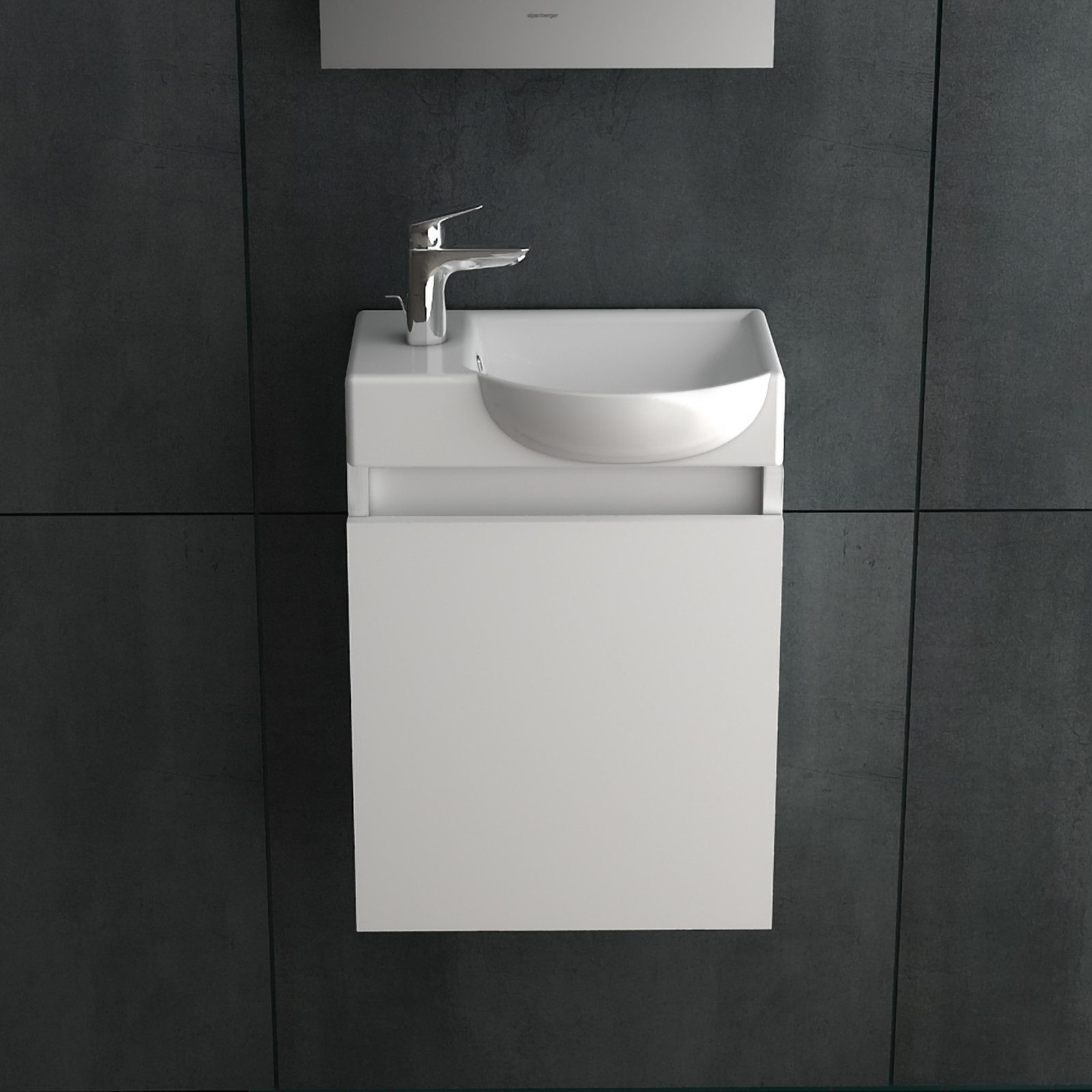 Alpenberger Badezimmer-Set - Gäste WC Möbel Set mit Keramik Waschbecken Klein Gäste WC, (Badmöbel Set aus MDF/MFC, 2-St., Vormontierter Waschtisch & Waschbeckenunterschrank Weiß), Waschtischunterschrank mit Softclose Funktion