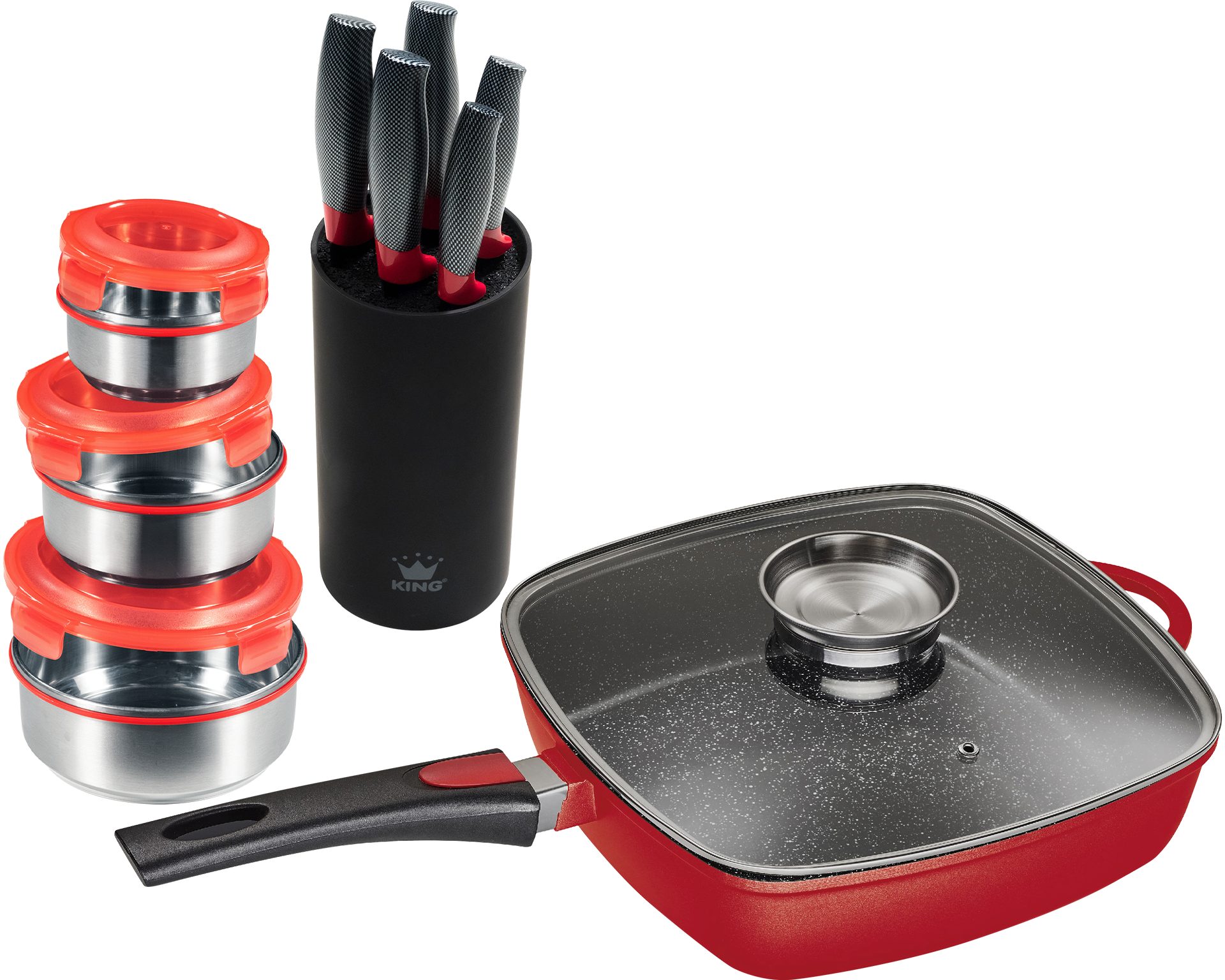 KING Pfannen-Set Square, Aluminiumguss (Set, 10-tlg., 1x Eckpfanne 28x28 cm), Eckpfanne, Messerblock, 5 Kochmesser, 3tlg. Dosen-Set, Induktion