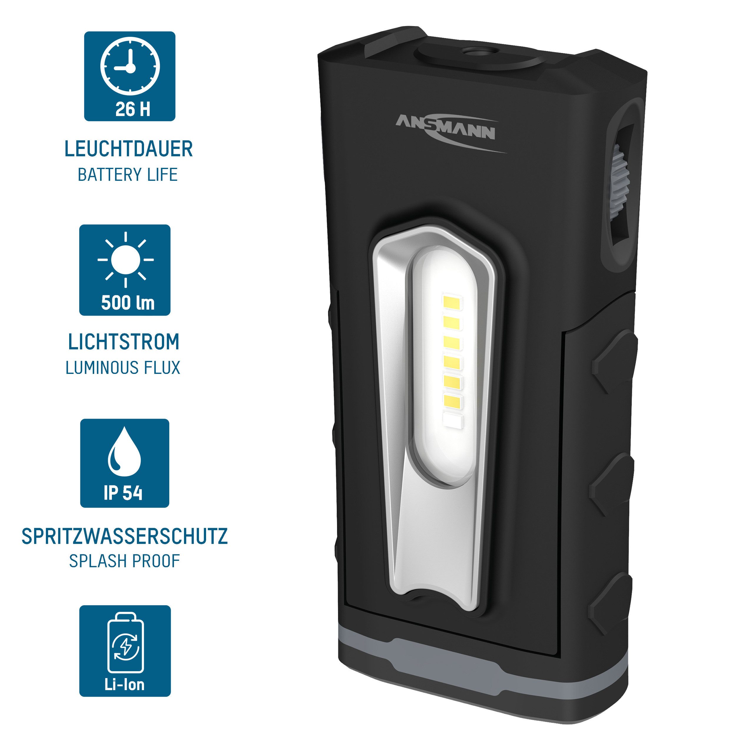 ANSMANN AG LED Arbeitsleuchte Inspektionsleuchte 10W SMD-LED bis zu 500 lm, inkl. Notfallfunktion, LED