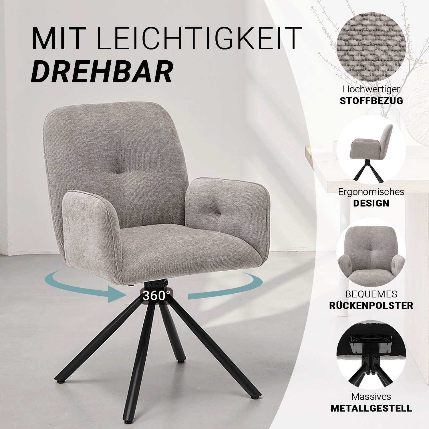 Homestyle4u Armlehnstuhl Esszimmerstuhl Drehbar 360° Grau Metallfuß Esstisch Küche (4 St), Polsterstuhl, 360° drehbar, Metallfuß, Essstuhl