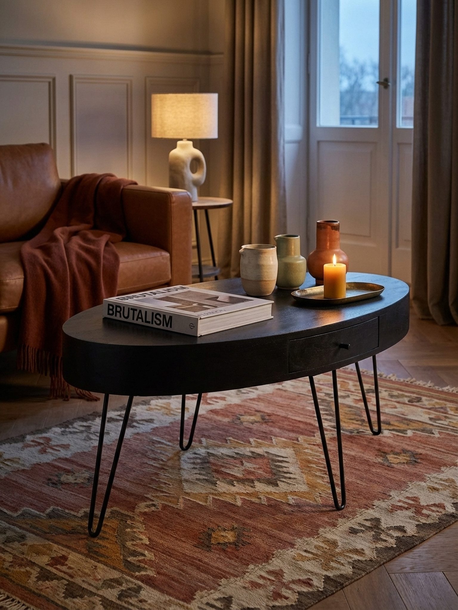 KADIMA DESIGN Couchtisch Couchtisch 100x50x40 cm Mango Massivholz Metall Sofatisch, Design (Großer Tisch Wohnzimmer Haarnadelbeine), Wohnzimmertisch Oval mit Schublade, Kaffeetisch Stauraum Massiv