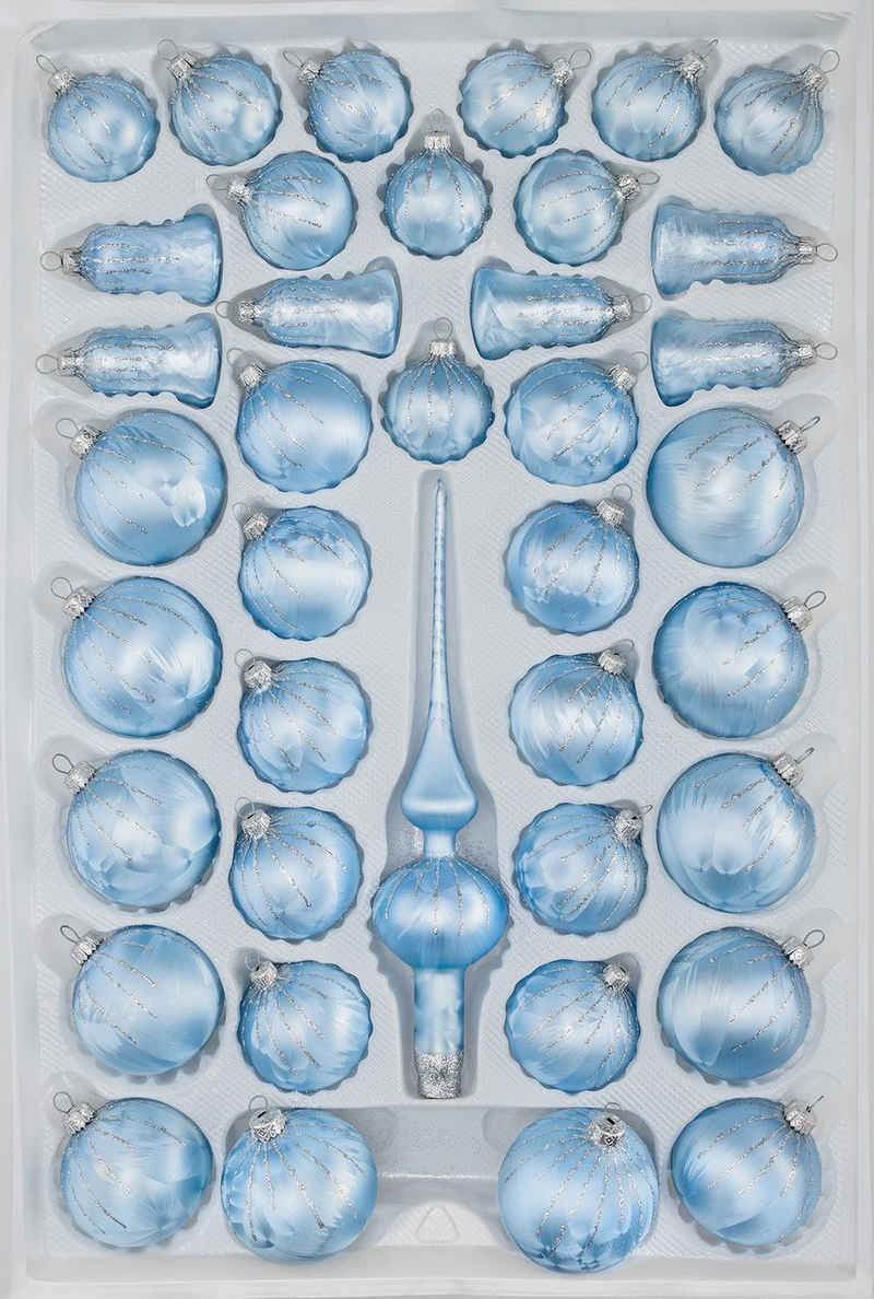 Navidacio Weihnachtsbaumkugel 39 tlg. Glas-Weihnachtskugeln Set in Ice Blau Silber Regen