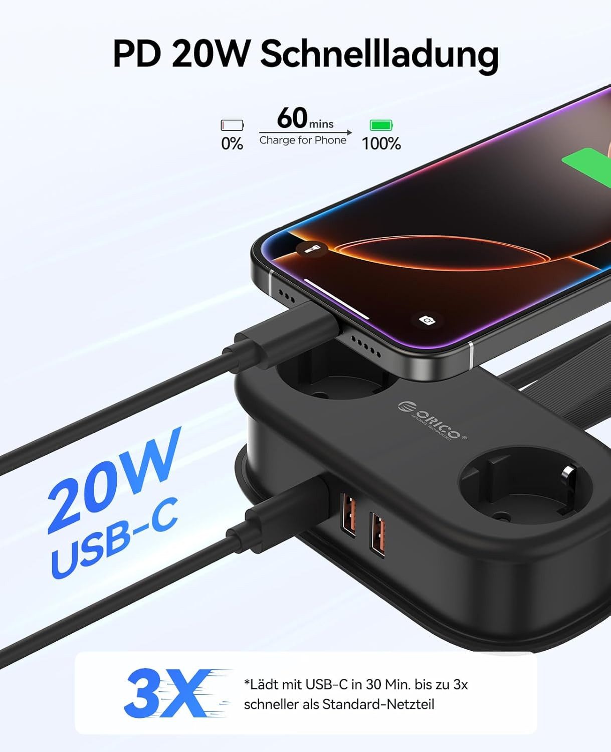 ORICO Steckdose AP3 20W Reisesteckdosenleiste mit USB-C PD, 1,5 m Kabel – kompakt für Reise & Home Office, 1-St., 2 Steckdosen & 3 USB-Anschlüssen, für Haushalt, Büro & Reise