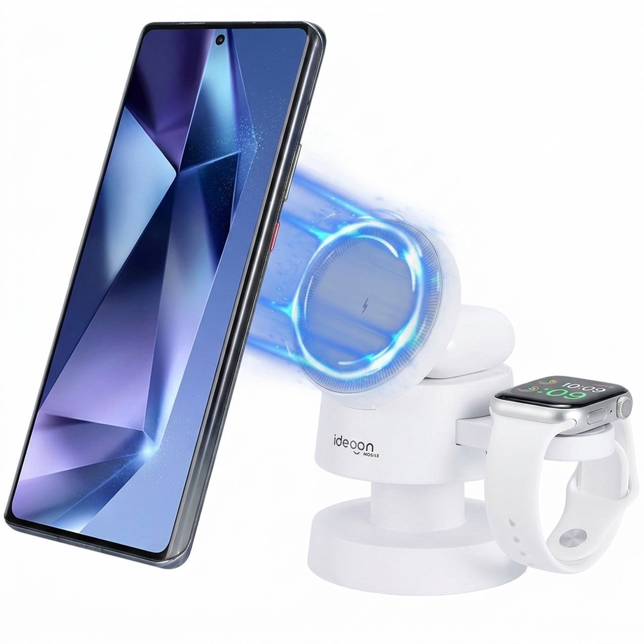 shop'n smile ideoon Multifunktionale Kabellose Ladestation 15W mit Nachtlicht USB-C 3in1 Ladestation (3in1 Wireless Ladestation 15W Handy, 5W AirPods, 3W Watch + Licht)