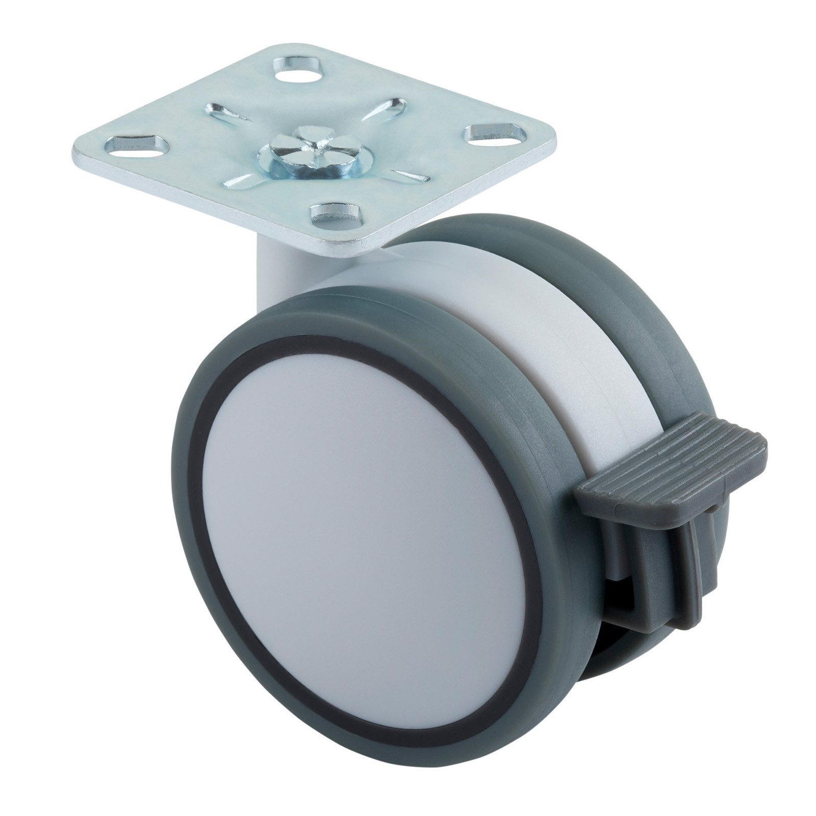 SO-TECH® Мебельrolle Hamm Ø 63 mm, Höhe 74,5 mm, Anschraubplatte 47 x 47 mm, belastbar bis 35 kg je Rolle, mit Bremse, weiß/grau, 1 x