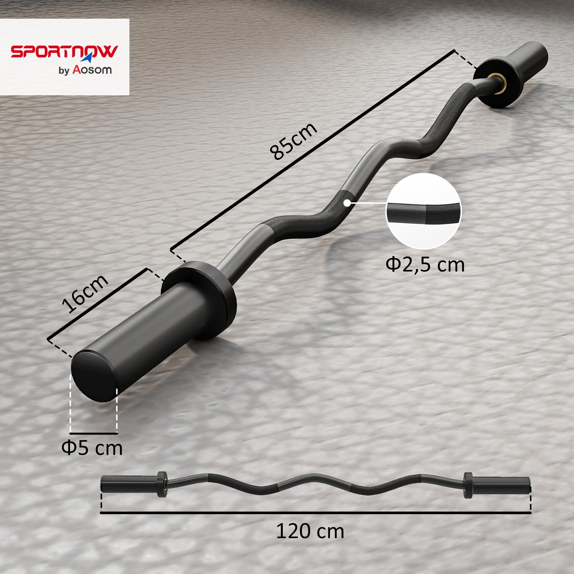 SPORTNOW Langhantelstange mit olympischer Scheibenaufnahme 50mm, Rutschfeste Griffe, Stahl, 120 cm (120 cm SZ Curlset bis 100kg Belastbar, 1-tlg., Olympische SZ Curlstange), Langhantelstange für Krafttraining Schwarz