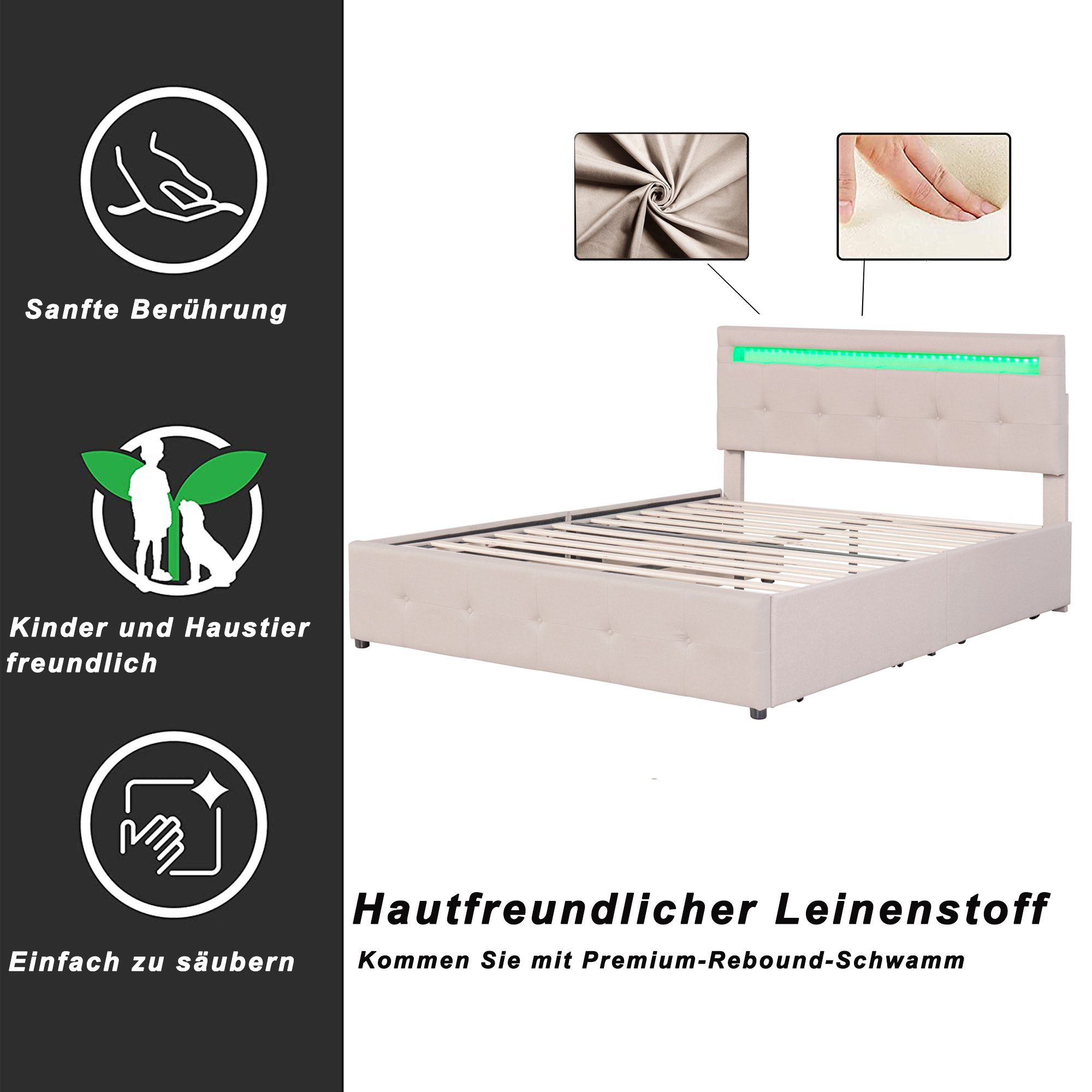 Polsterbett (Doppelbett mit Lattenrost und 4 Schubladen), LED-Beleuchtung, Höhenverstellbares Kopfteil, Leinen, 140x200cm