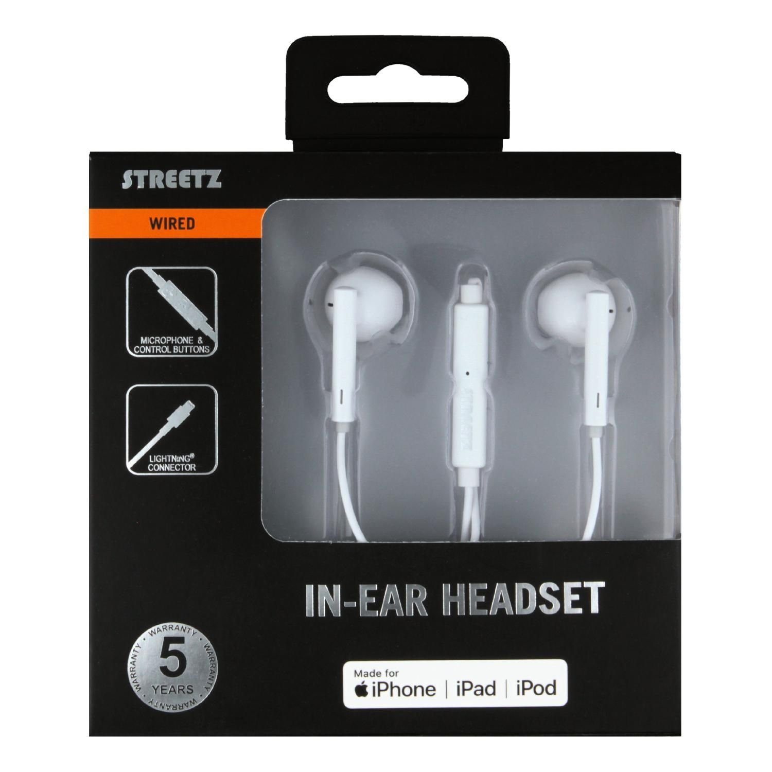 STREETZ HL-390 In-Ear Headset/Kopfhörer "Lightning" inkl. Ohm keine, iPhone, Mikrofon, für 32 Mikrofon Herstellergarantie, 5 Jahre (integriertes Kopfhörer iPod) mit iPad