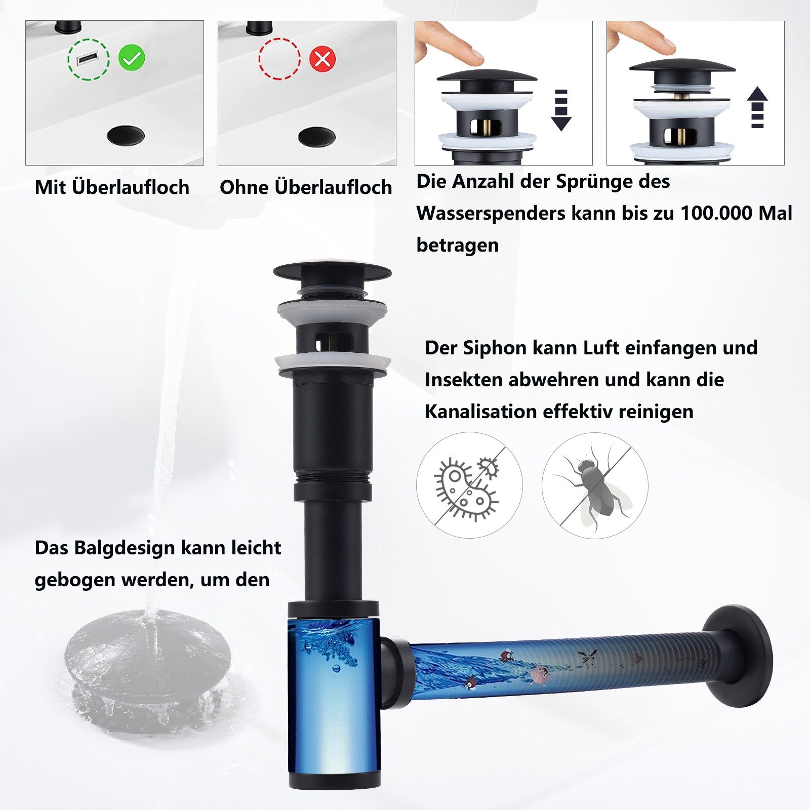 HOMELIVE Ablaufgarnitur Siphon Pop Up Ablaufgarnitur mit Überlauf Universal Röhrensiphon Set (Röhrensiphon Set für Waschbecken Waschtisch Bad) Geruchsverschluss Stöpsel Abfluss Garnitur Chrom