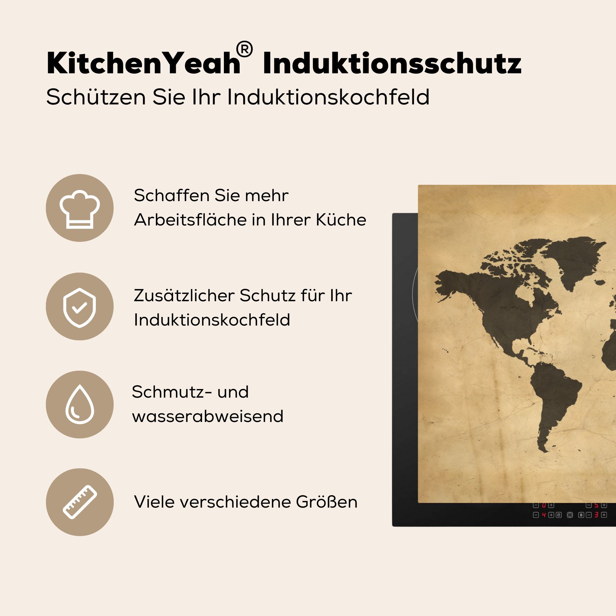 MuchoWow Herdblende-/Abdeckplatte Weltkarte die Vintage (1 Induktionskochfeld Schutz Ceranfeldabdeckung tlg), für küche, Vinyl, 71x52 cm, - - Braun