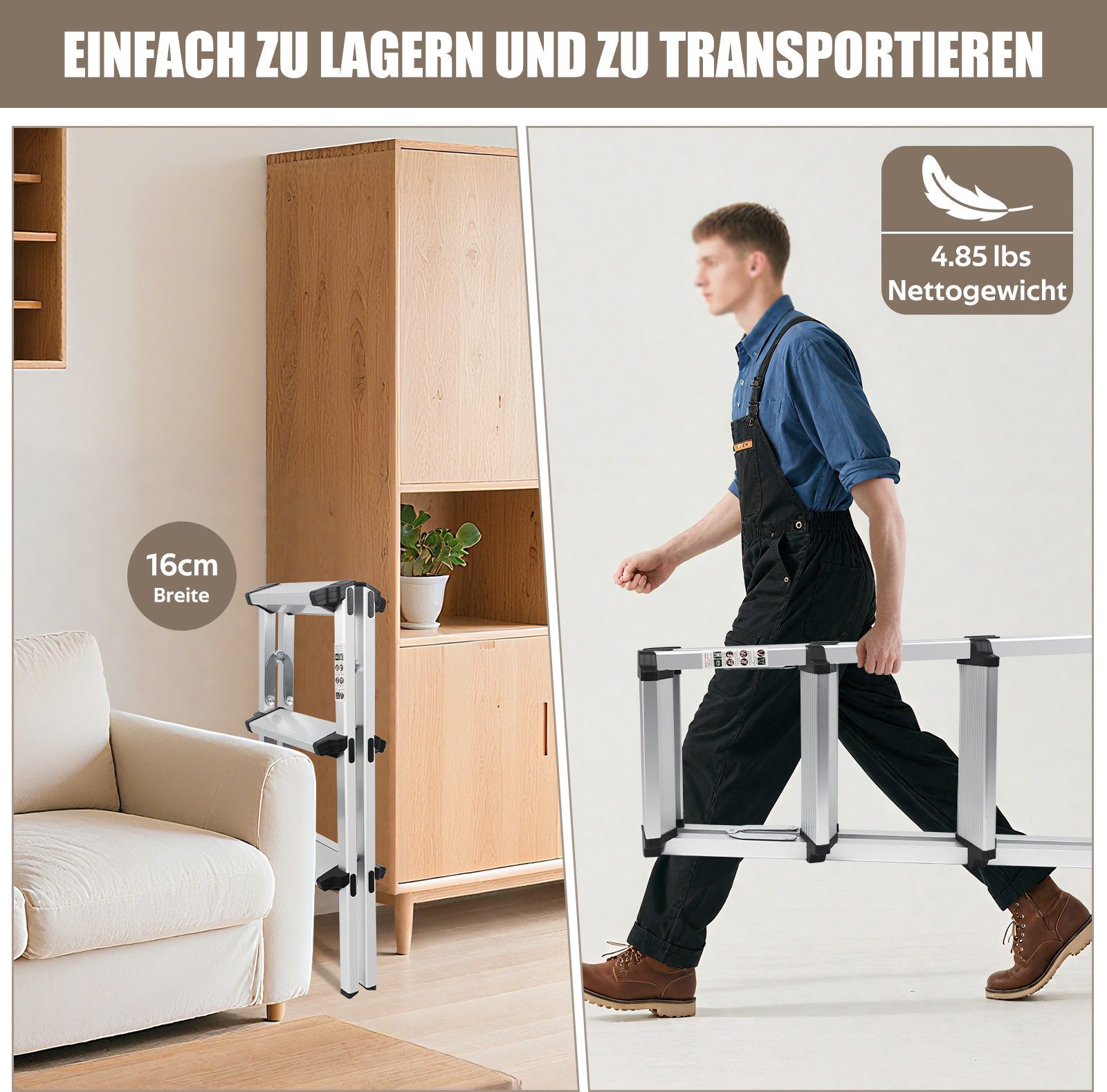 OZAVO Trittleiter 3 Stufen Aluminium Klapptritt,Haushaltsleiter,bis 150 kg (Tragbare Klapptritt, Multifunktionsleiter, Anti-Rutsch-Trittfläche), für Haushalt, B – Bild 4 von 5