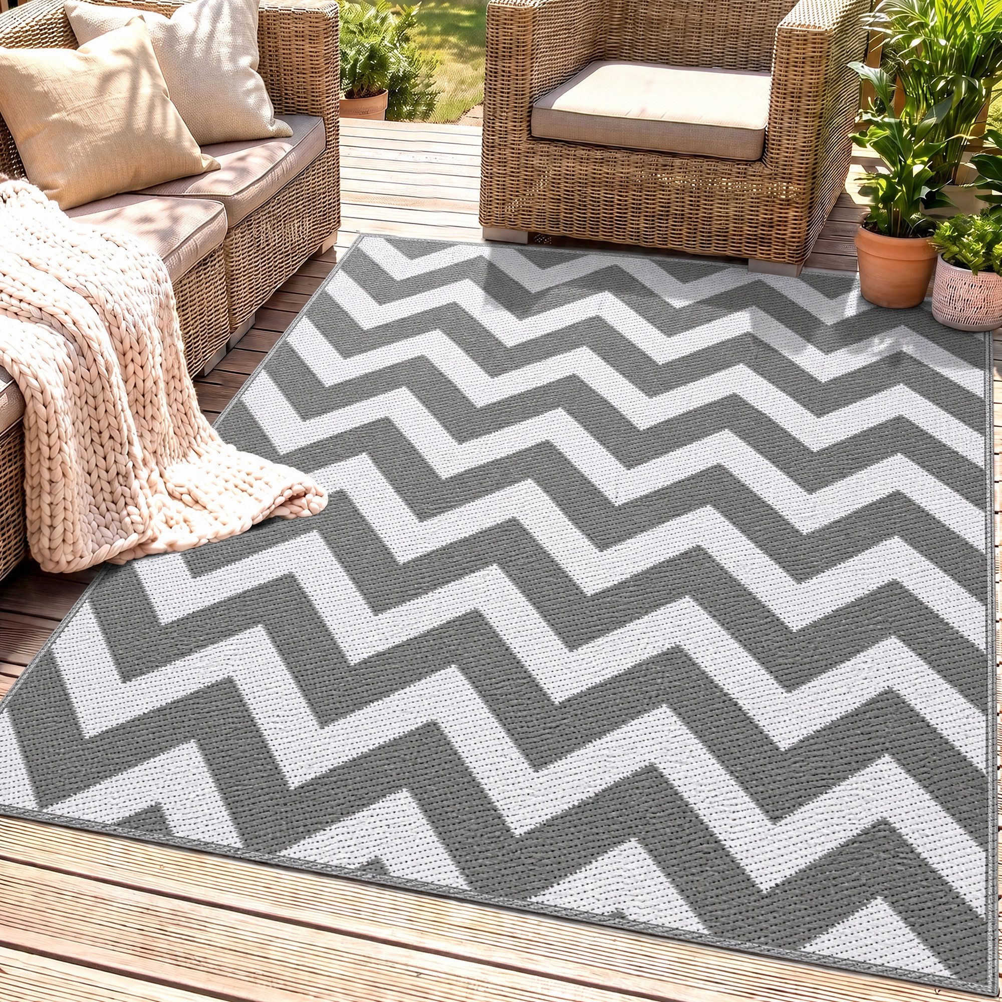 Outsunny Outdoorteppich Outdoor Teppich Wetterfest für Garten, Rechteck, Höhe: 0.3 mm, Hellgrau, Weiß, 121 x 182 cm