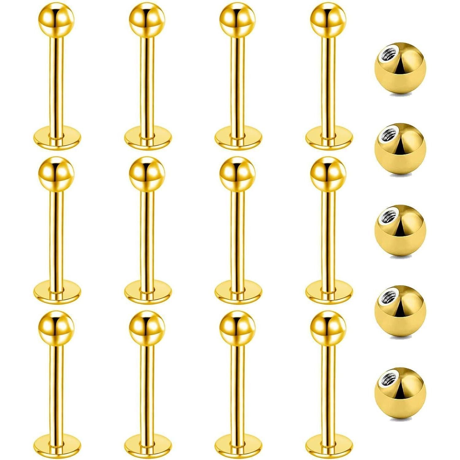 Piercing-Set Lippenpiercing Labret 12er 1,2mm Chirurgenstahl Helix Tragus Gold 10mm