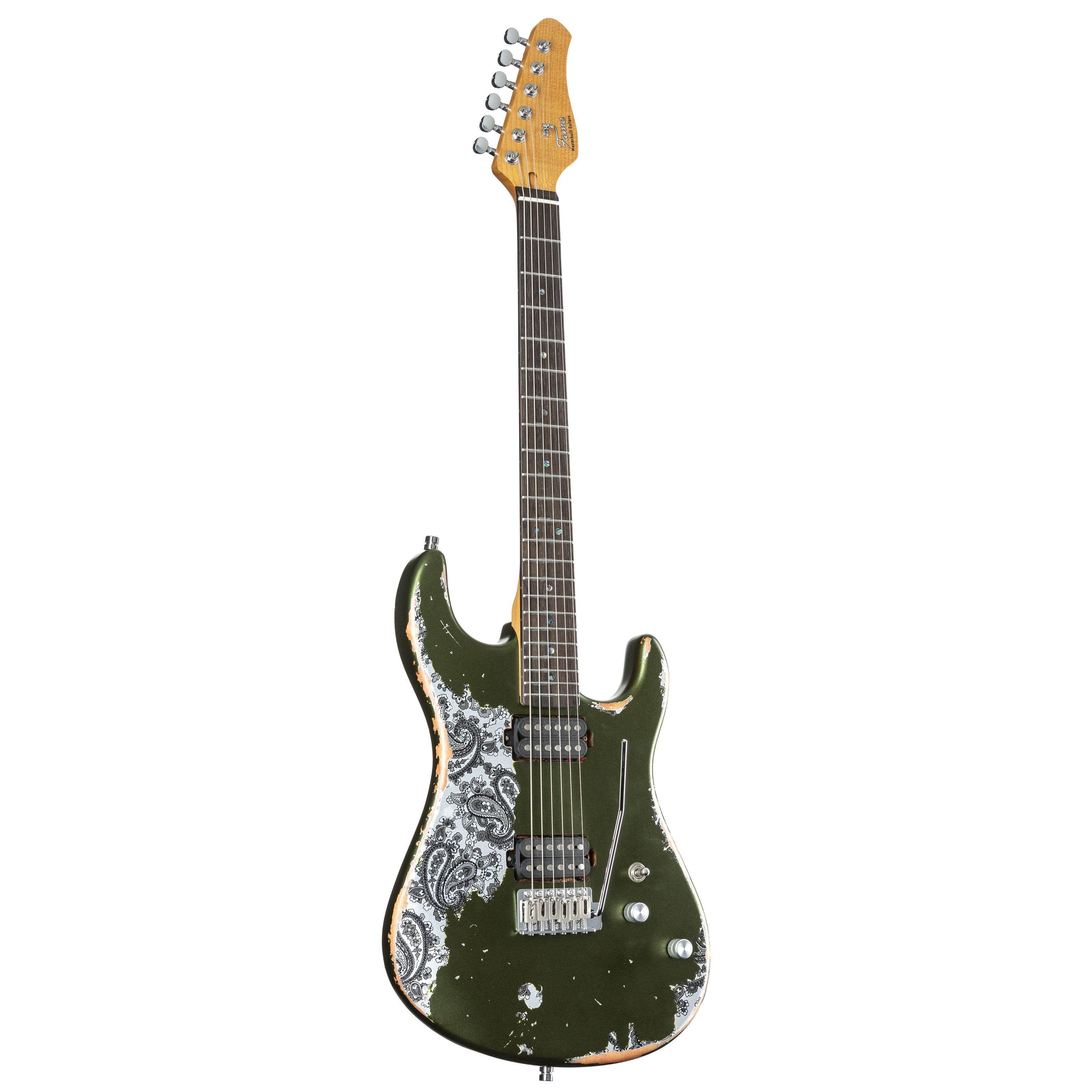FAME E-Gitarre, E-Gitarren, ST-Modelle, Custom ST RW Worn Olive over Paisley - E-Gitarre