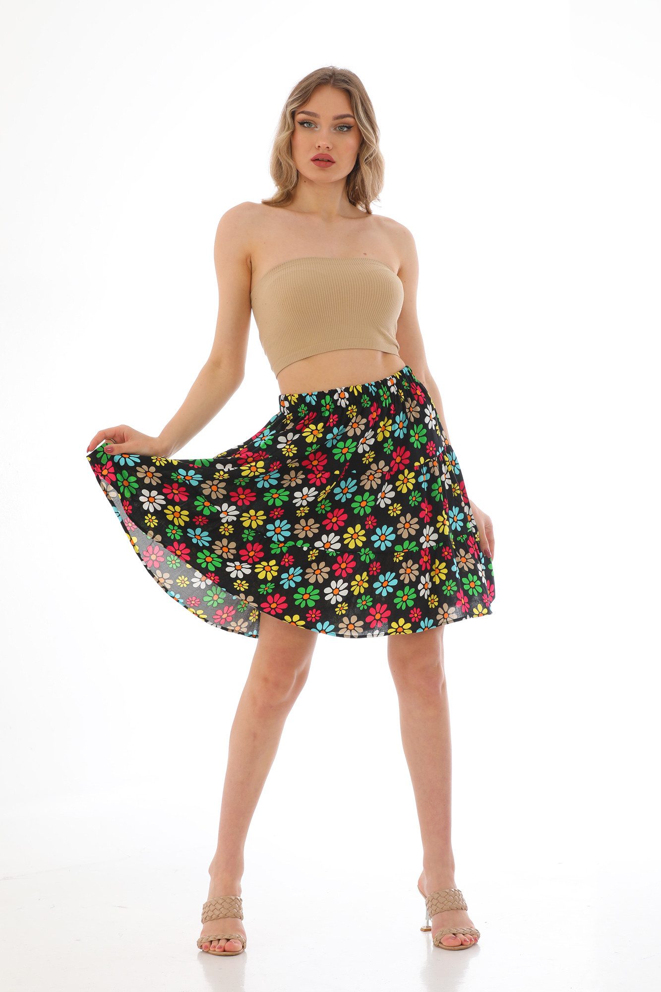Bongual Sommerrock Stufenrock mit Neon-Blumen Print