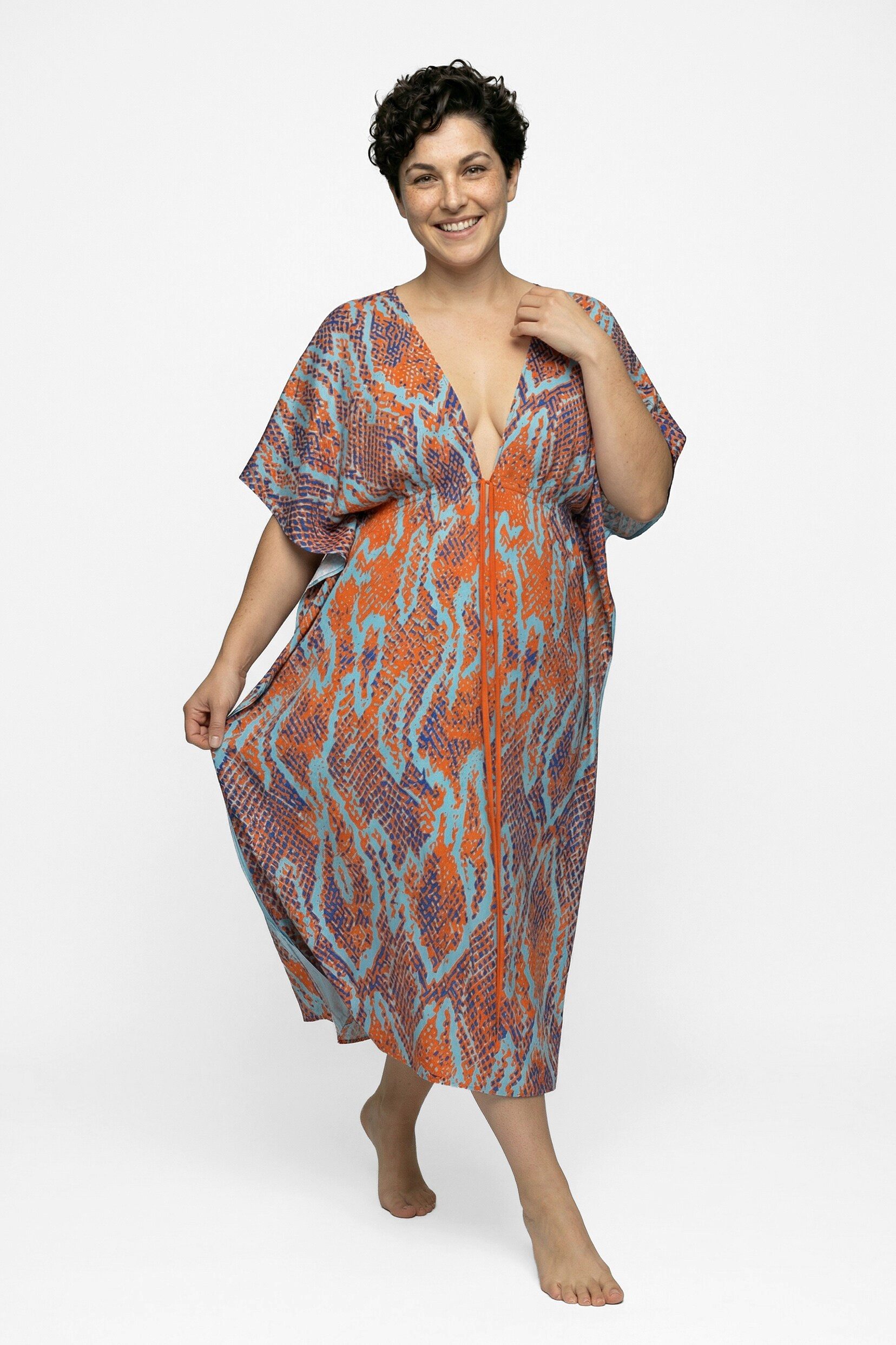 Ulla Popken Strandkleid Kaftan Schlangenmuster V-Ausschnitt Halbarm