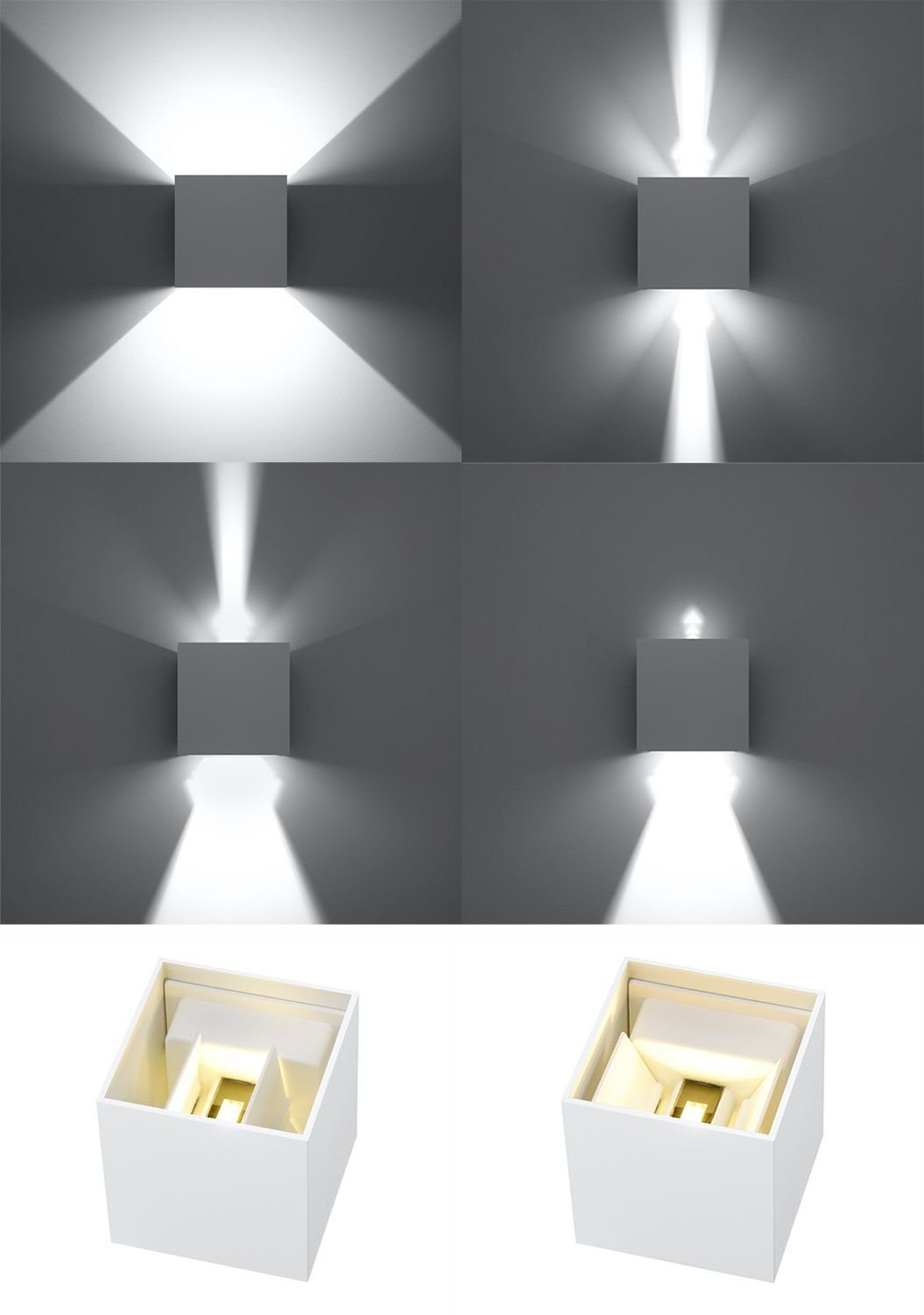 LED Bad LED Weiß Flur Wandleuchte JAZZINELLE, Würfel Wandlampe IP54 verstellbar quadratisch fest integriert, Licht-Erlebnisse