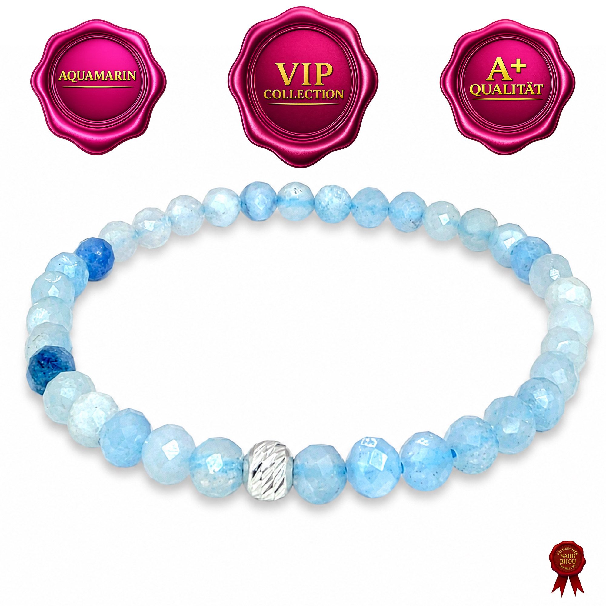 M-Punkt24 Armband Damen Armband 100% Echter Edelstein (AQUAMARIN, 5 mm, Natur, 925 Echt-Silber-Verschluss), Gummizug, inkl. Etui, SONDERPREIS wegen Produkt-Neuheit