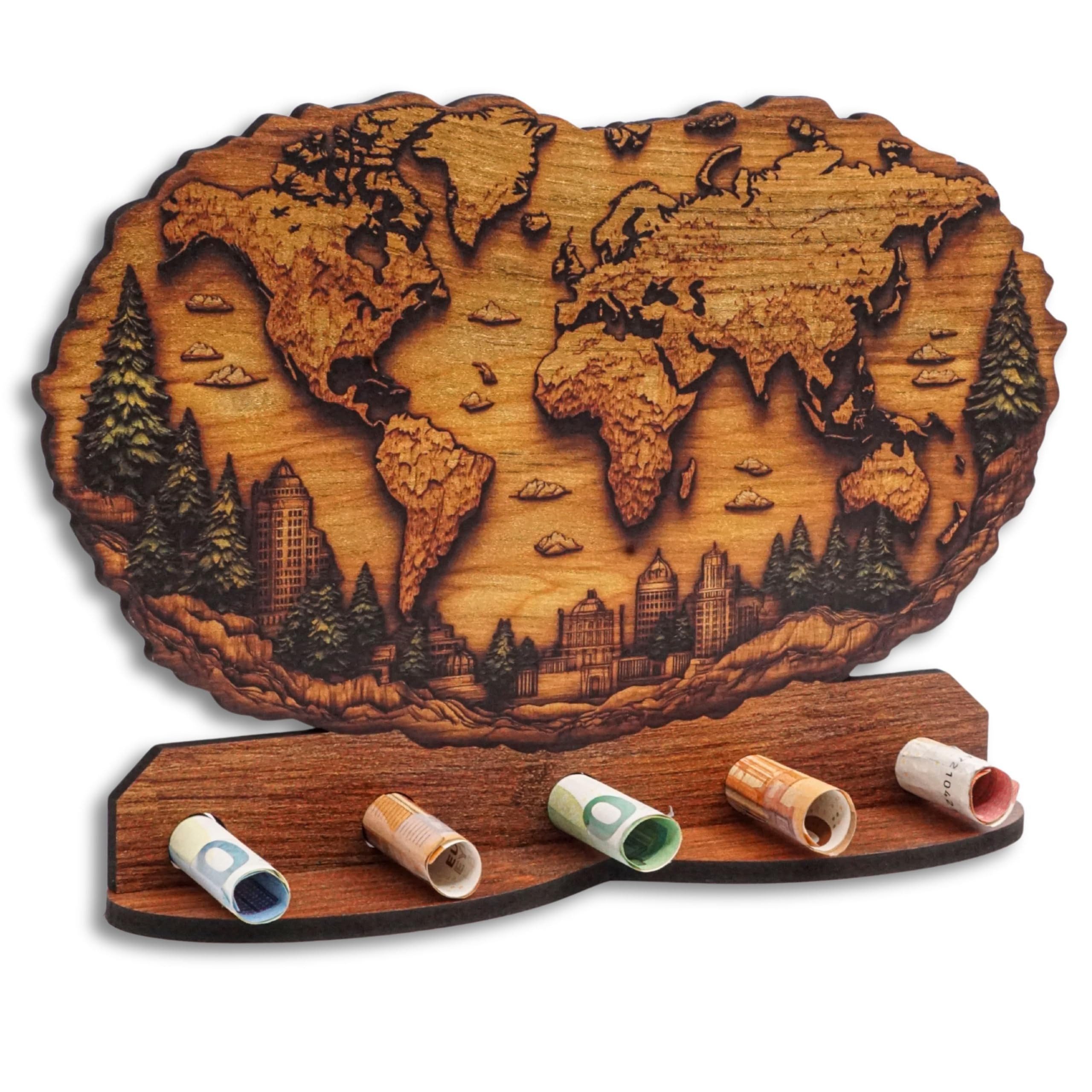 DARO Design Dekoobjekt Geldgeschenk Motiv Holzoptik mit Ständer Geschenkverpackung (Dekoration, Weltreise – Geldscheinhalter), 28 cm breit, 6 mm HDF