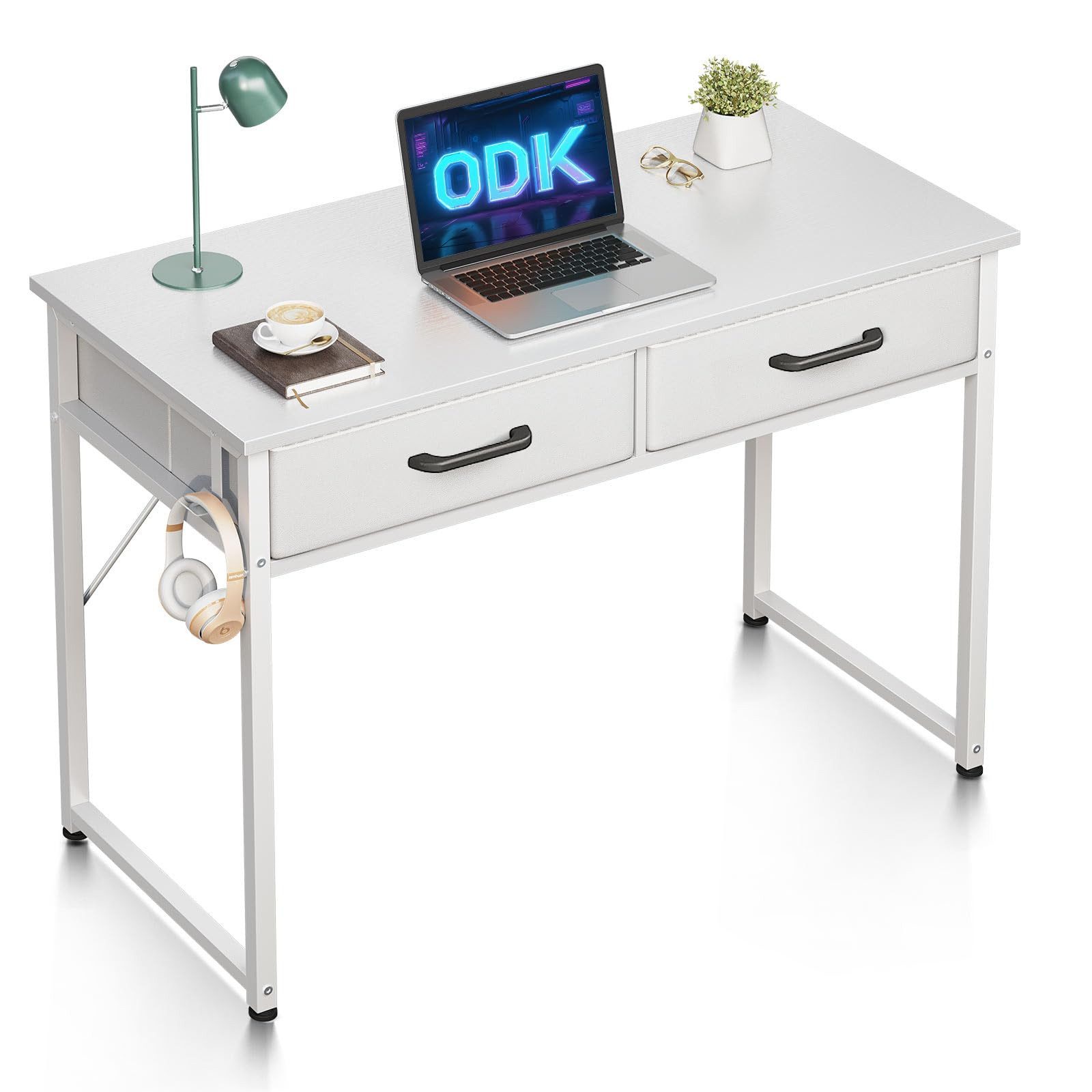 ODK Schreibtisch mit 2 Stoffschubladen und Kopfhörerhaken (1-St), Kompakter PC-Tisch für Home Office, 100×40×78,7 cm
