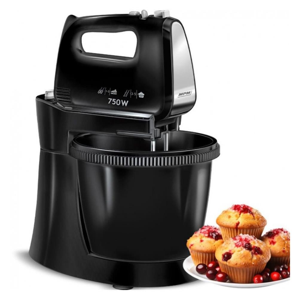 MPM Handmixer MMR-20Z/C Handmixer 750 W mit 3-L-Drehschüssel, Turbo, Schwarz, Rotierende Schüssel, Aufsatzsperre, Auswurftaste