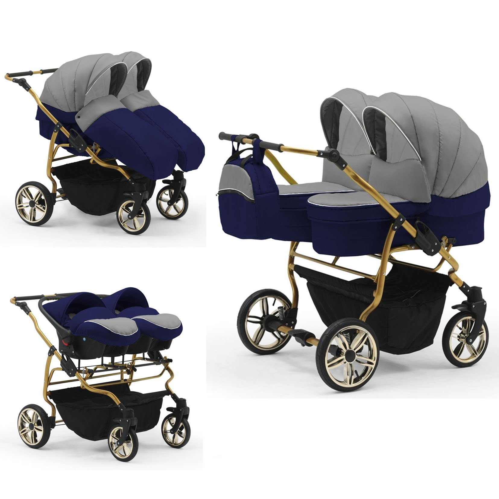 babies-on-wheels Zwillingswagen Duet Lux Gold 3 in 1 inkl. Autositze - 13 Teile - in 33 Farben Grau-Navy