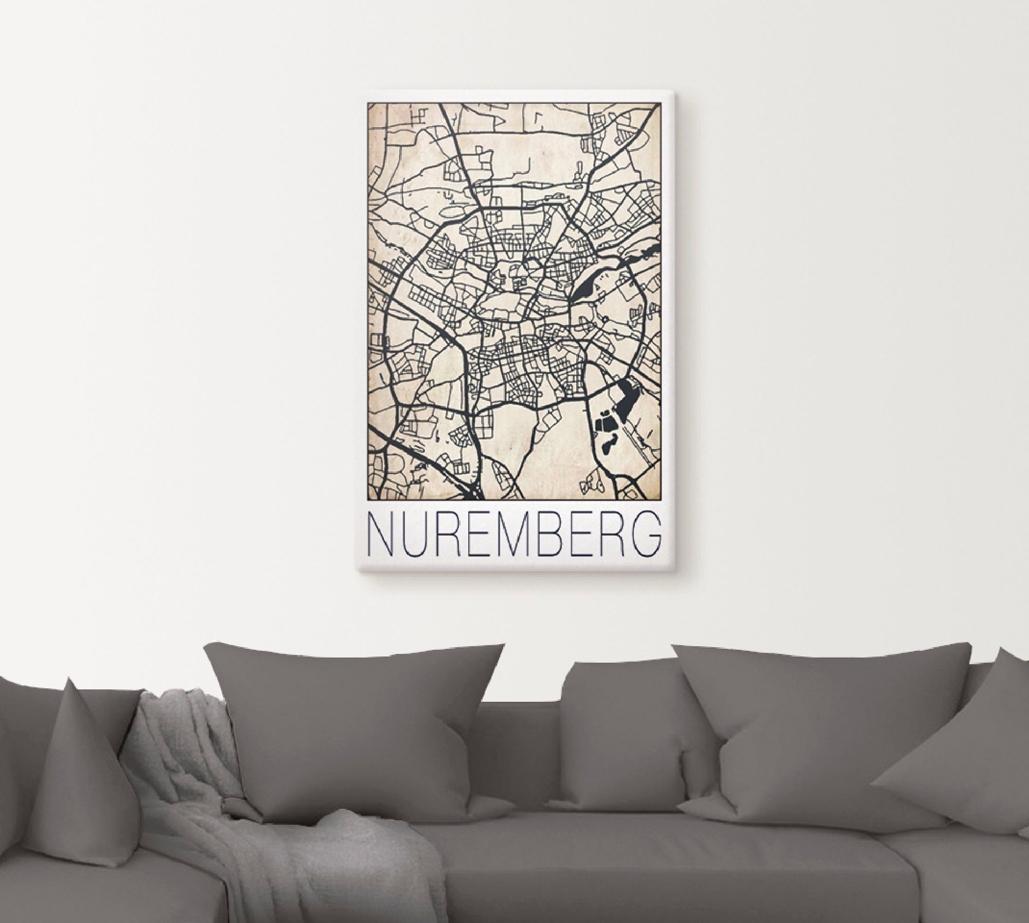 Artland Wandbild Retro Karte oder Nürnberg Alubild, Deutschland Deutschland Leinwandbild, als Größen (1 versch. Wandaufkleber St), in Poster Grunge