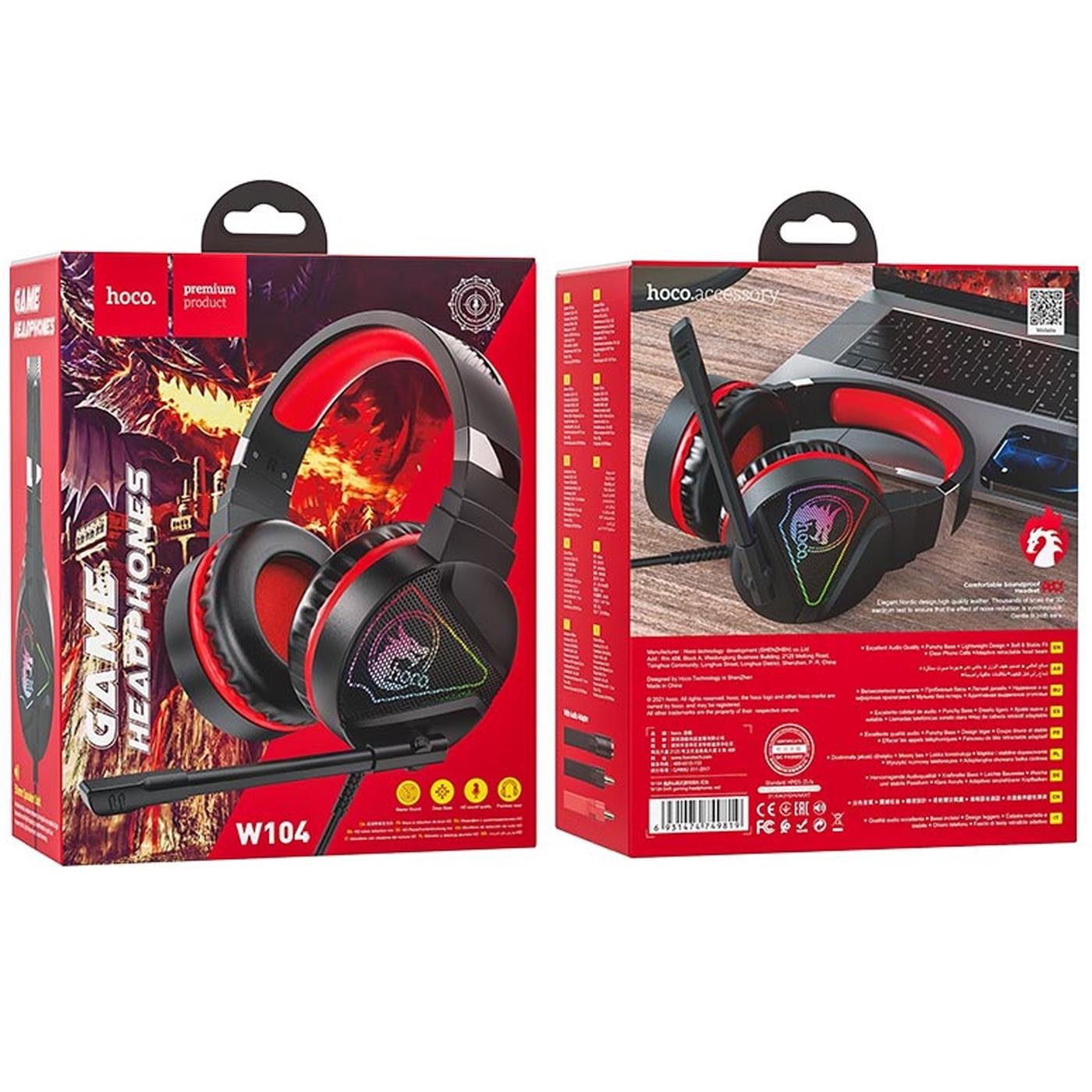 PC-Headset Kopfhörer Rot Mikrofon Gaming mit HOCO (Stylische Gaming Beleuchtung) und Stereo W104 LED