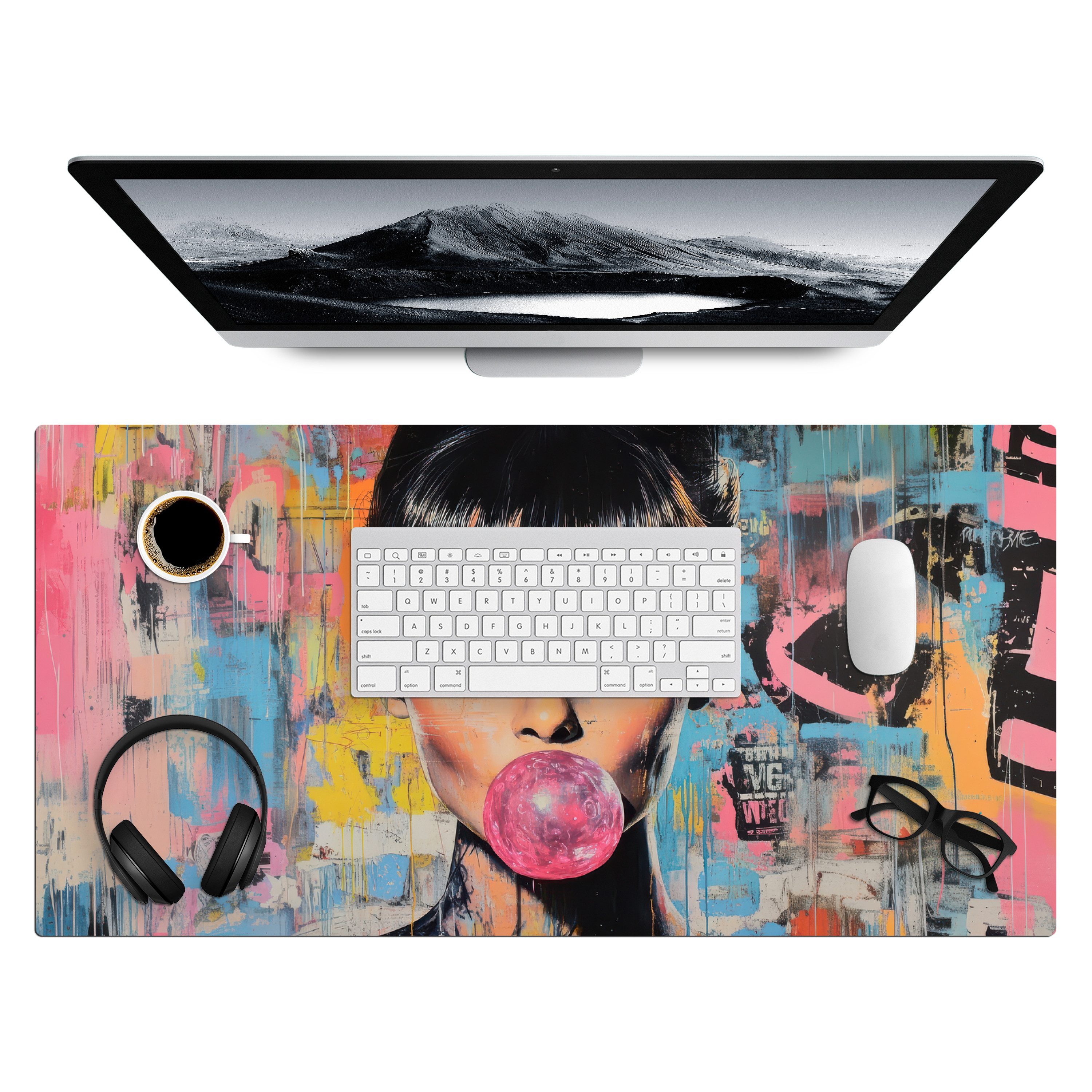 MuchoWow Gaming Mauspad Kaugummi - Frau - Pinselstriche - Modern (1-St), Gaming Mauspad XXL, Schreibtischunterlage, Desk Mat Groß, 80x40 cm