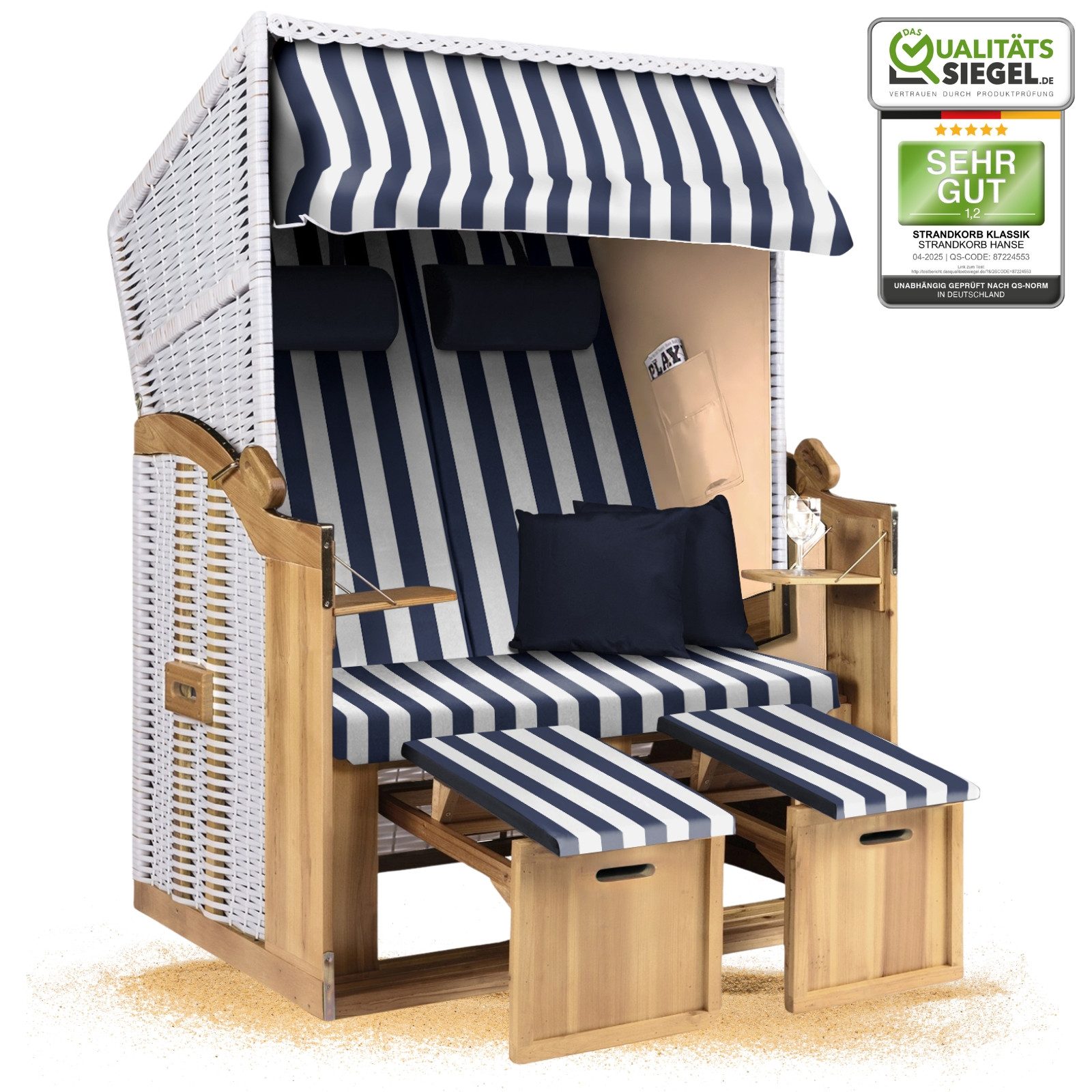 Strandkorb Hanse Strandkorb Strandkorb 2-Sitzer Ostsee Volllieger in Weiß Beige Blau, BxTxH: 120x80x160 cm, Ostsee Volllieger, Ostsee 2-Sitzer Modell 2025, Stabiles Wacholder mit handgefertigtem Polyrattangeflecht