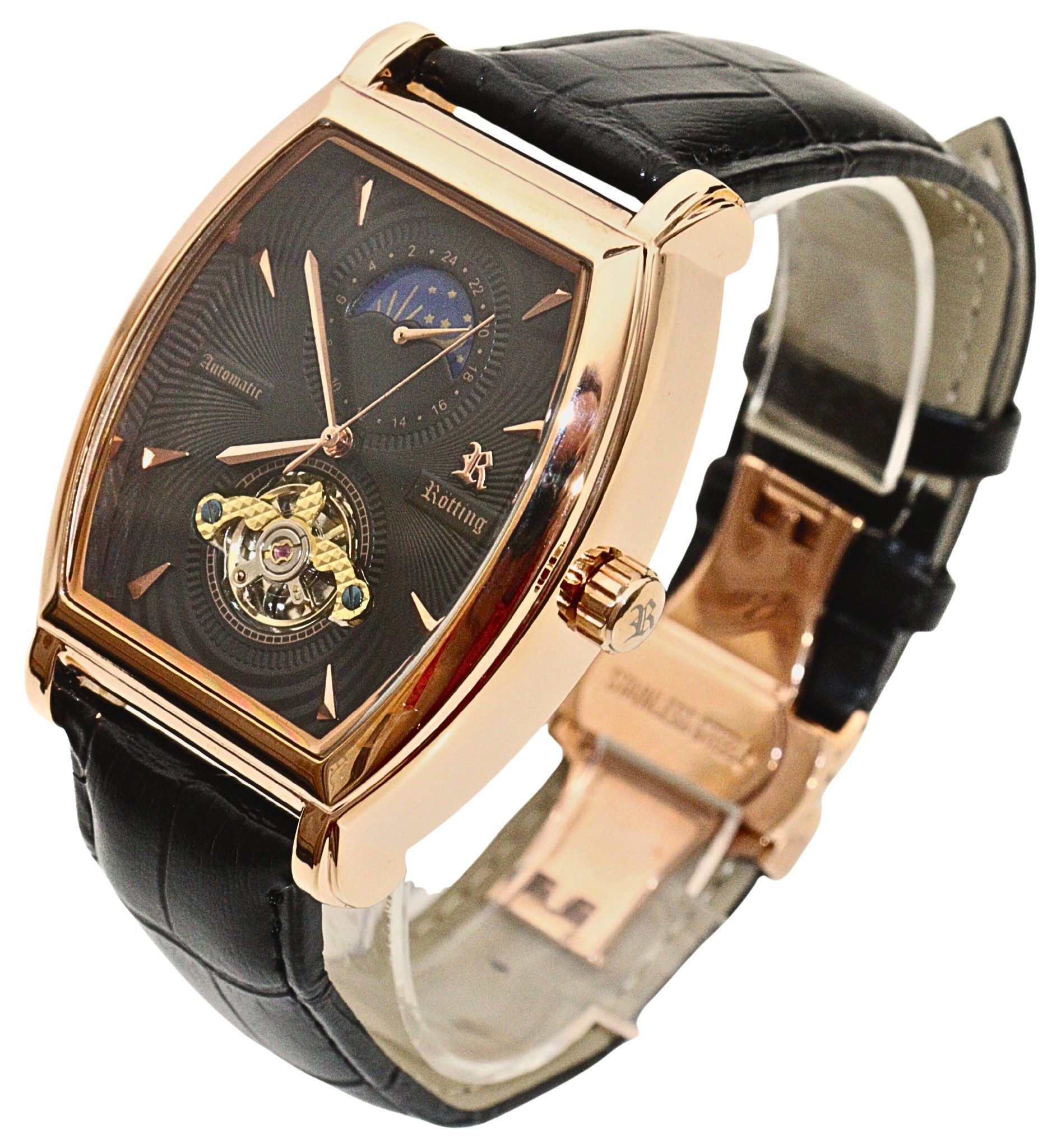 Rötting Design Automatikuhr Herrenuhr Tag/Nacht Phase offene Unruhe schwarzes Ziffernblatt, goldrosefarbenes Gehäuse – Bild 5 von 5