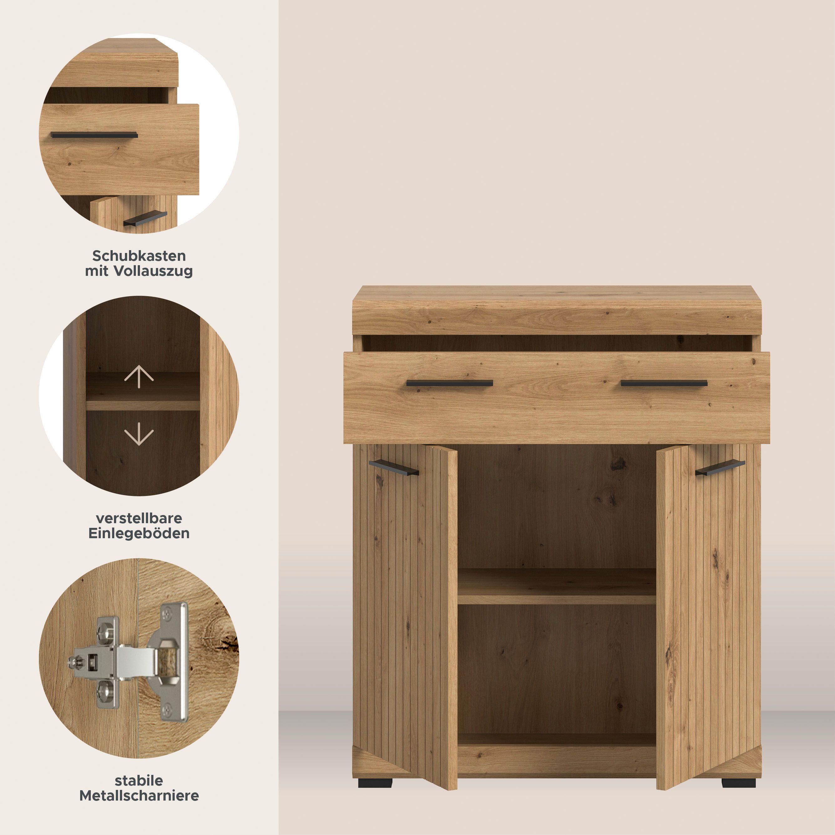 welltime Unterschrank SIENA, Breite 74cm, 2 Tür, 1 Schubkasten, 2 Fächer, MDF-Front (TOPSELLER) in verschiedenen Farben erhältlich, Badmöbel, Badschrank, Kommode, Bad
