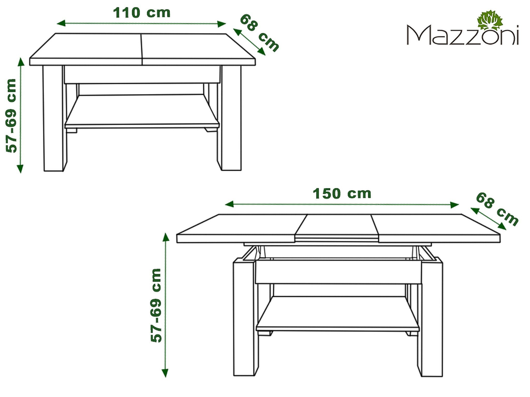 Mazzoni Couchtisch Astoria Erle stufenlos 110-150cm höhenverstellbar ausziehbar 59,5-71,5