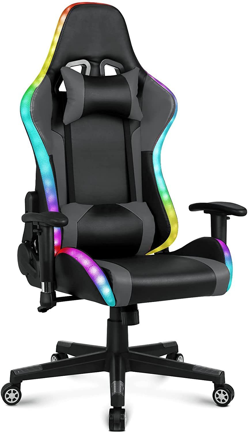 HomeMiYN Gaming Chair Gaming Stuhl Lautsprechern LED-Leuchten ergonomischer Bürostuhl Hoher Grau