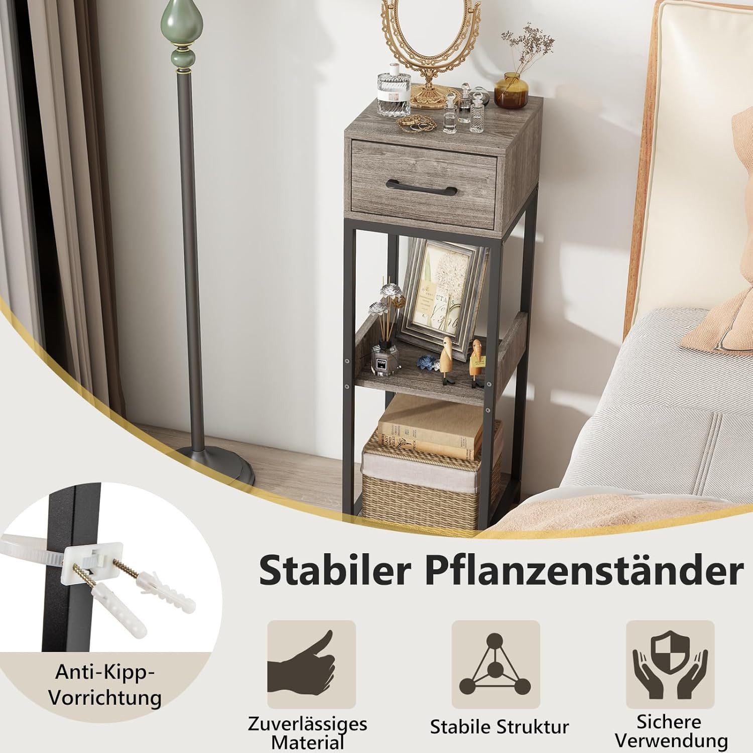 KOMFOTTEU Blumenständer Pflanzenständer, mit Schublade & offenen Ablagen