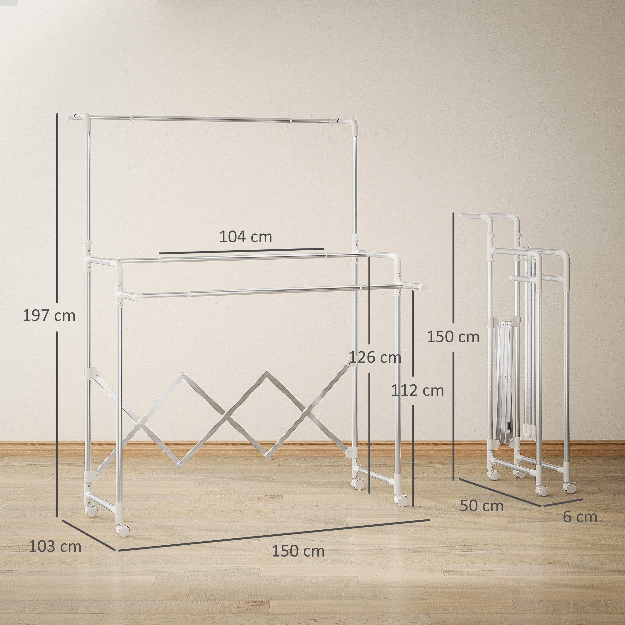 HOMCOM Wäscheständer Edelstahl Turmwäscheständer auf Rollen, mit 3 verstellbaren Stangen, für Lange Kleidungsstücke, für Wohnung, 104-150x103x145-197cm, Silber