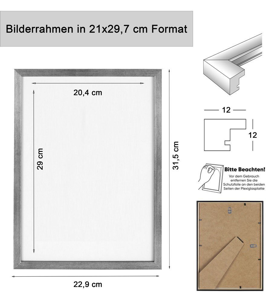 Plexi A4 Dokument DIN S1 TREND Silber Bilderrahmen Rahmen Foto IDEAL Holz Bilderrahmen Urkunde 21x29,7