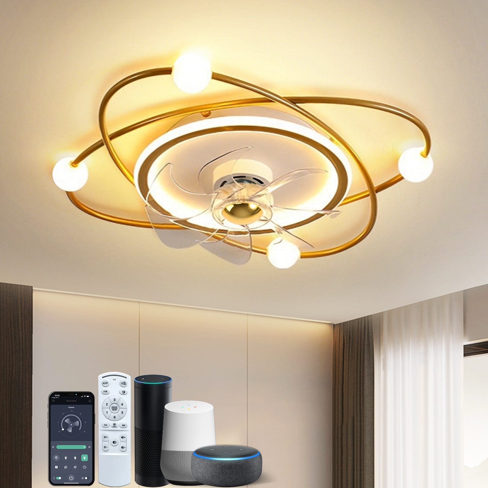 RRBEST Deckenventilator Moderne Deckenventilator mit Beleuchtung und Ventilator, für Wohnzimmer, Schlafzimmer, Esszimmer, Golden