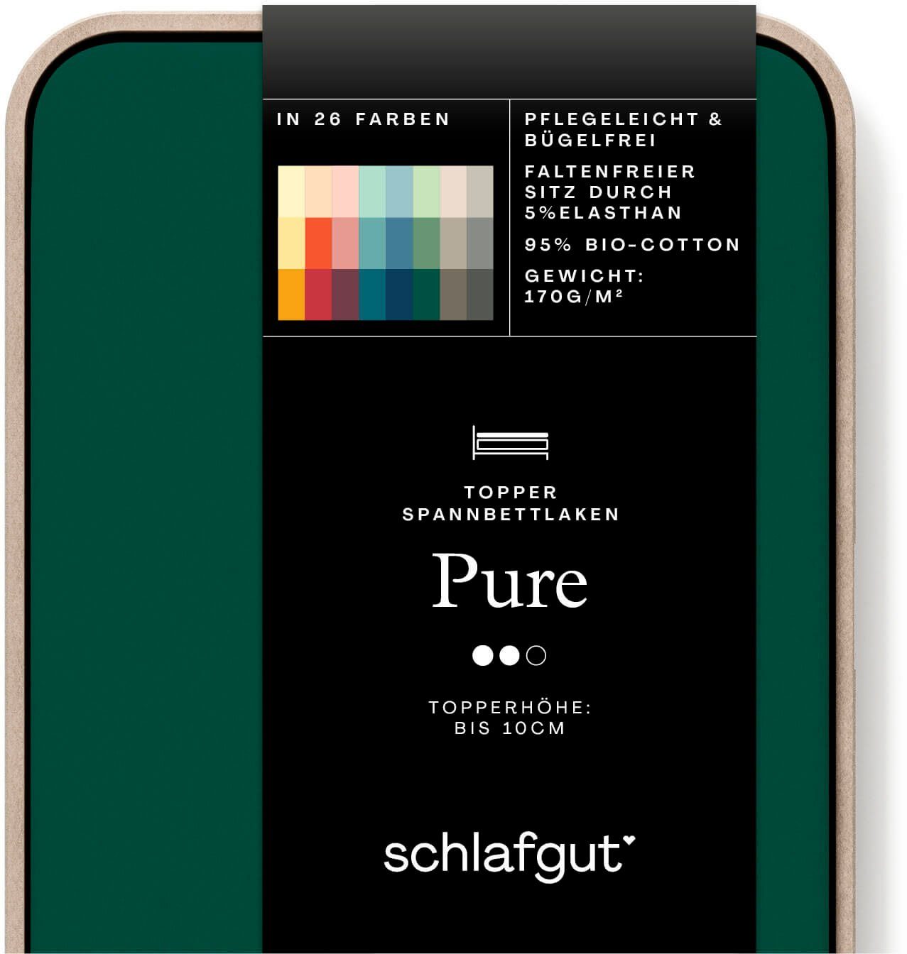 Schlafgut Spannbettlaken PURE TOPPER Bio-Baumwolle mit Elasthan 170 g/m² für Topper bis 10 cm, Jersey-Elasthan, Gummizug: rundum, (1 Stück), PREMIUM Laken für Matratzen bis 10 cm Höhe, dehnbar, blickdicht