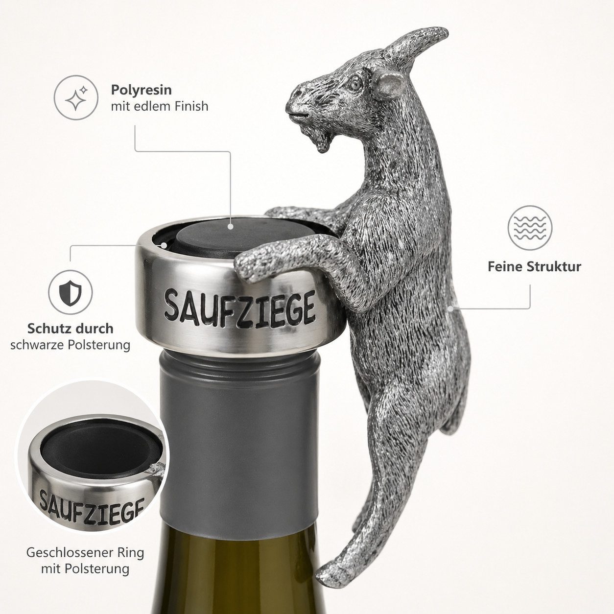 Gehlmann Flaschenverschluss Flaschenring Ziege Silber - Saufziege