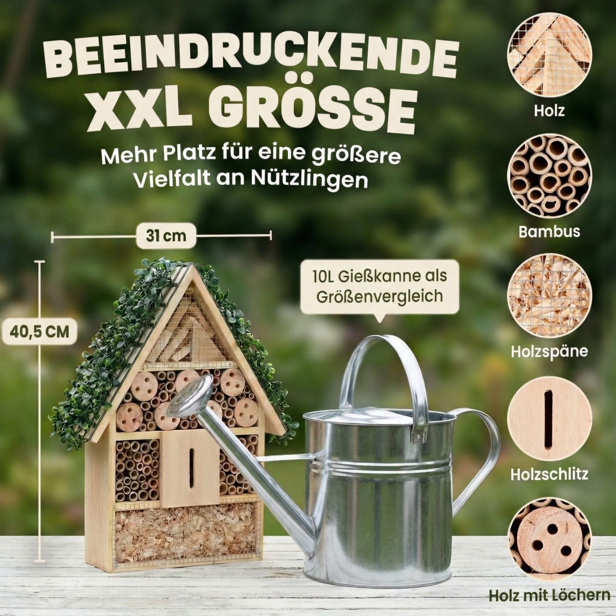 Zooprinz Insektenhotel Insektenhaus zum Aufhängen XXL Vollholz mit Dekoration, Bambus, inkl. Aufhängung, Schutzgitter, Holzspäne, Holz mit Löchern
